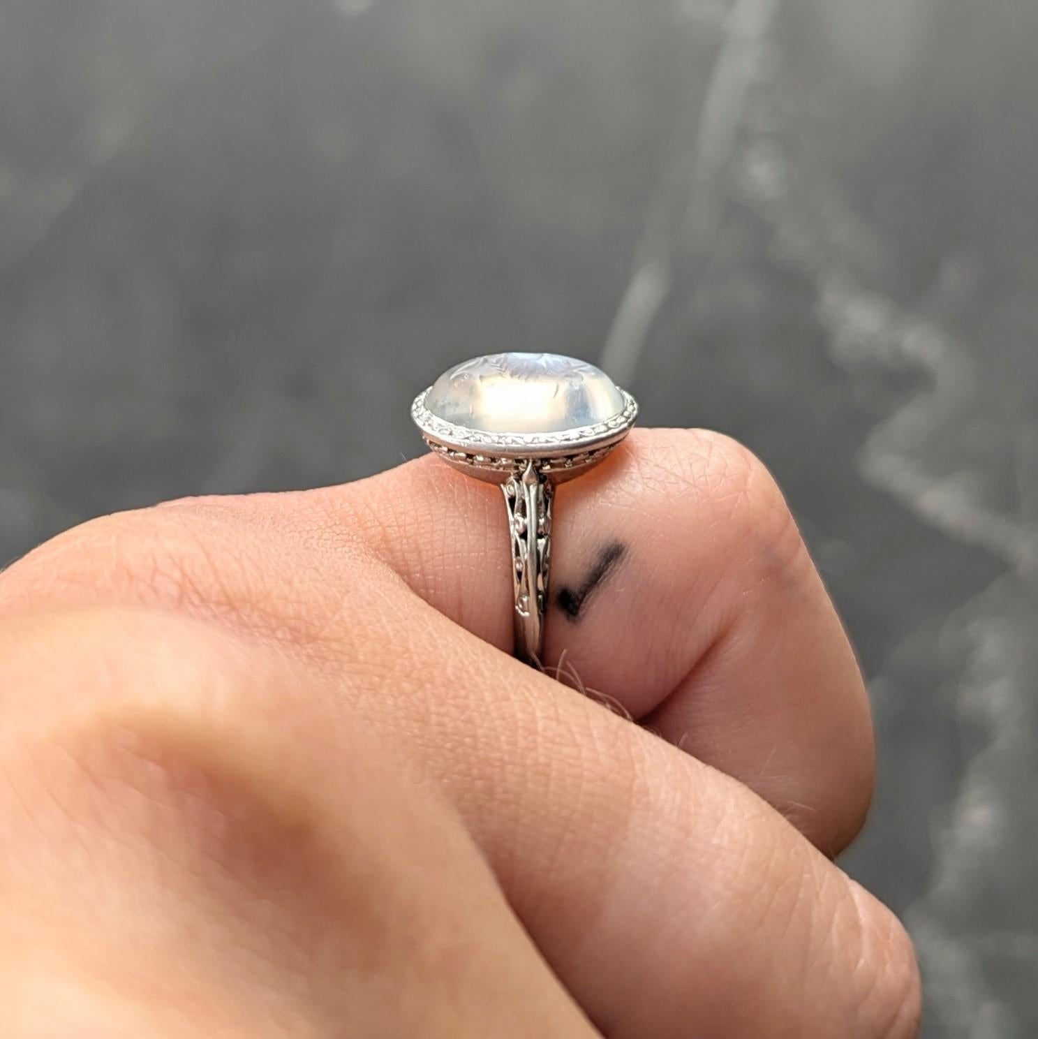 Art Deco Moonstone Platinum Vintage Carved Intaglio Women Portrait Ring