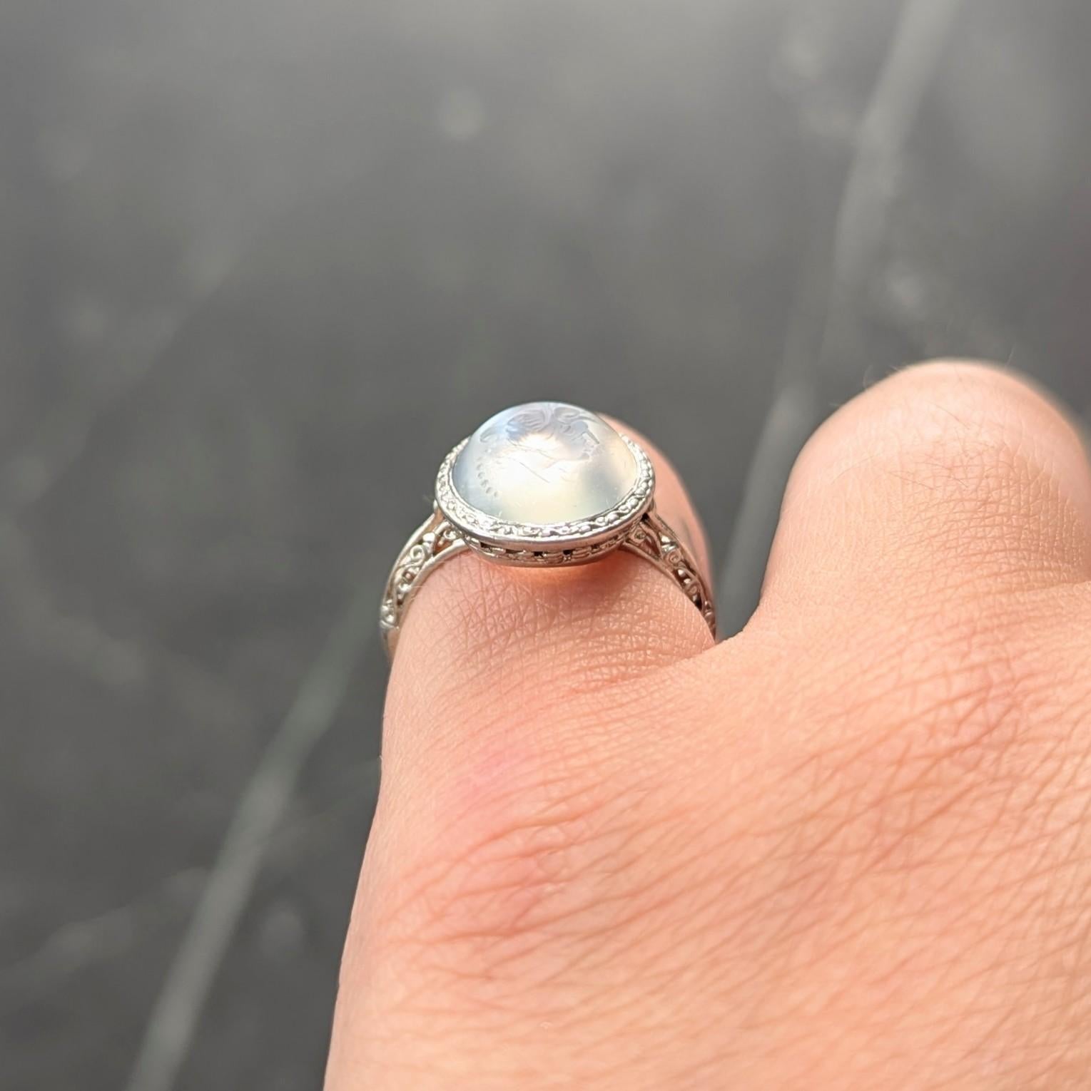 Art Deco Moonstone Platinum Vintage Carved Intaglio Women Portrait Ring