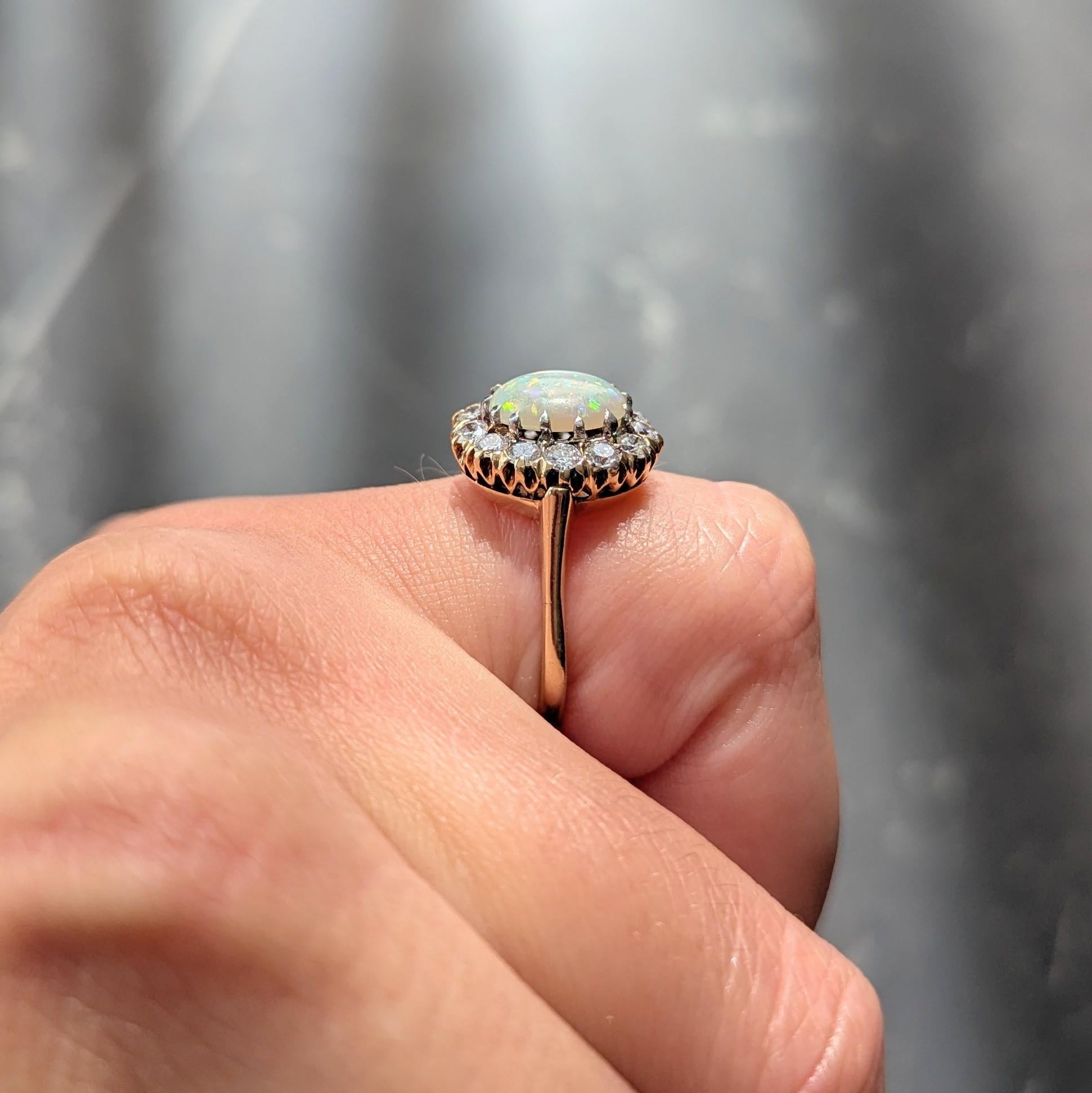 Edwardian Opal Diamond Platinum 14 Karat Yellow Gold Antique Halo Ring