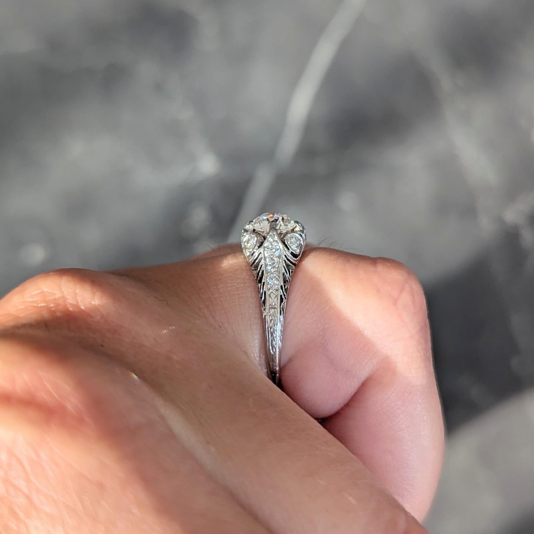 Art Deco 1929 1.00 CTW Diamond Platinum Antique Scroll Feather Engagement Ring