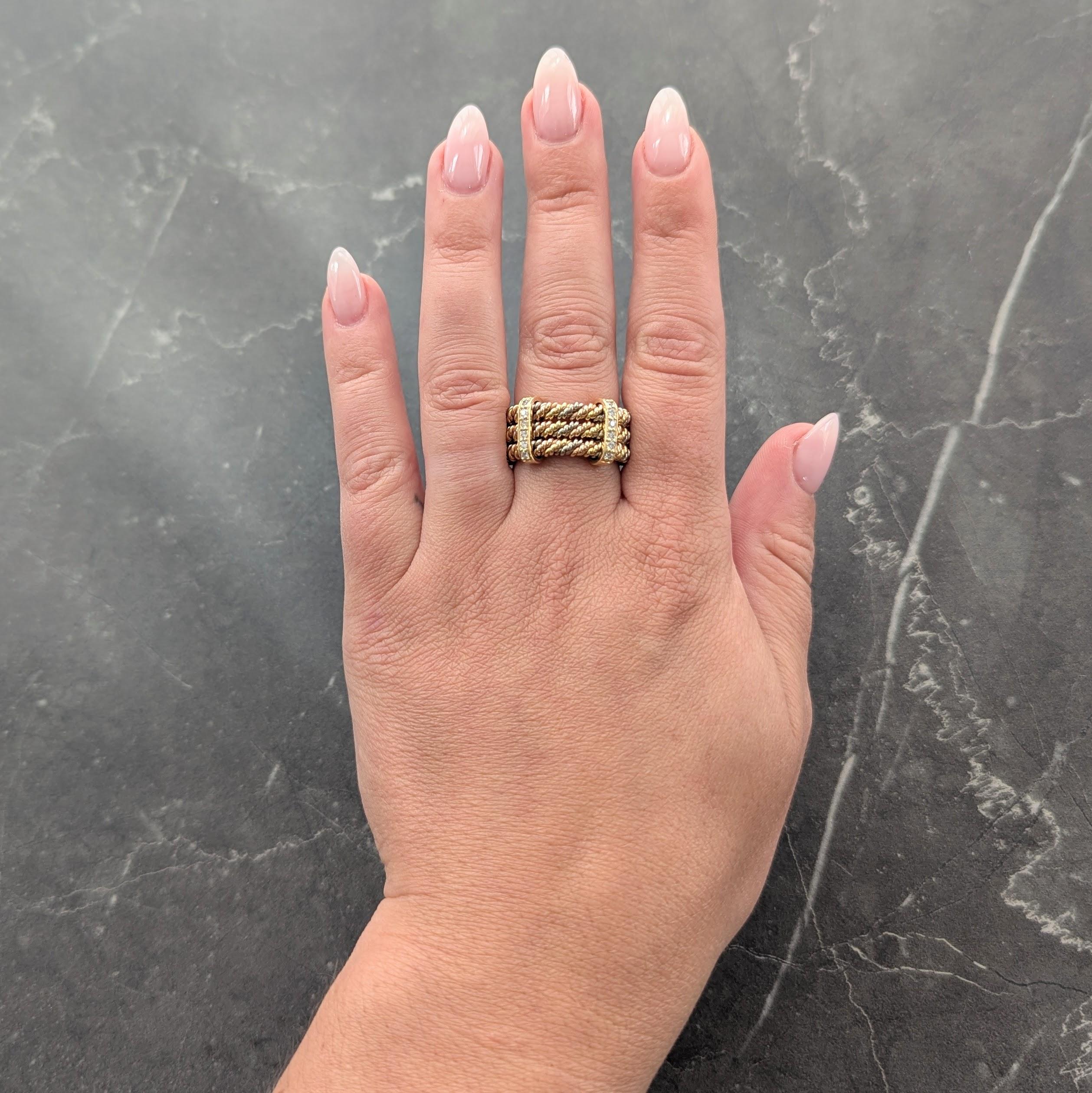 1970's Georg Jensen Diamond 18K Tri-Colored Gold Twisted Rope Vintage Band Ring
