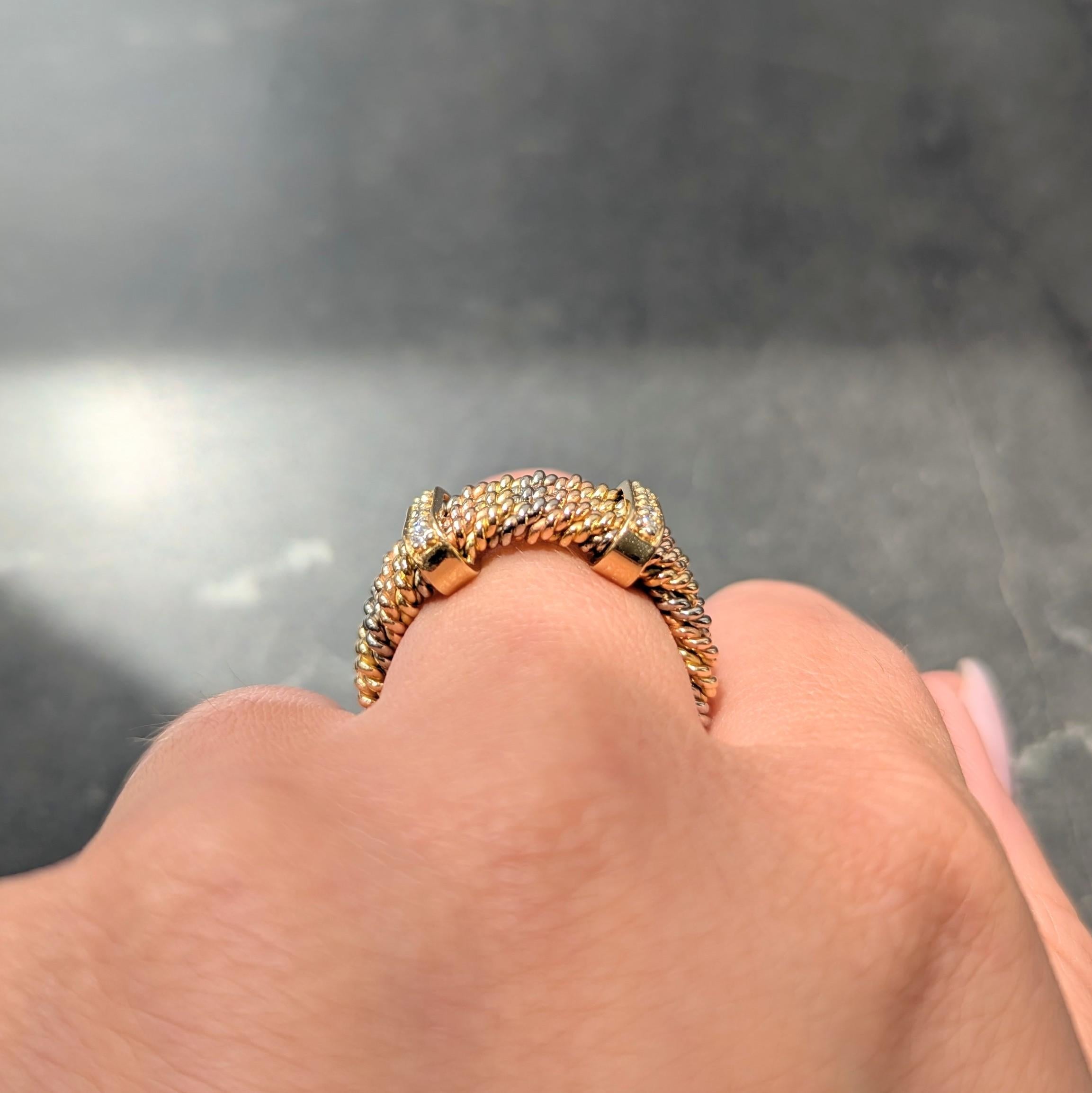 1970's Georg Jensen Diamond 18K Tri-Colored Gold Twisted Rope Vintage Band Ring