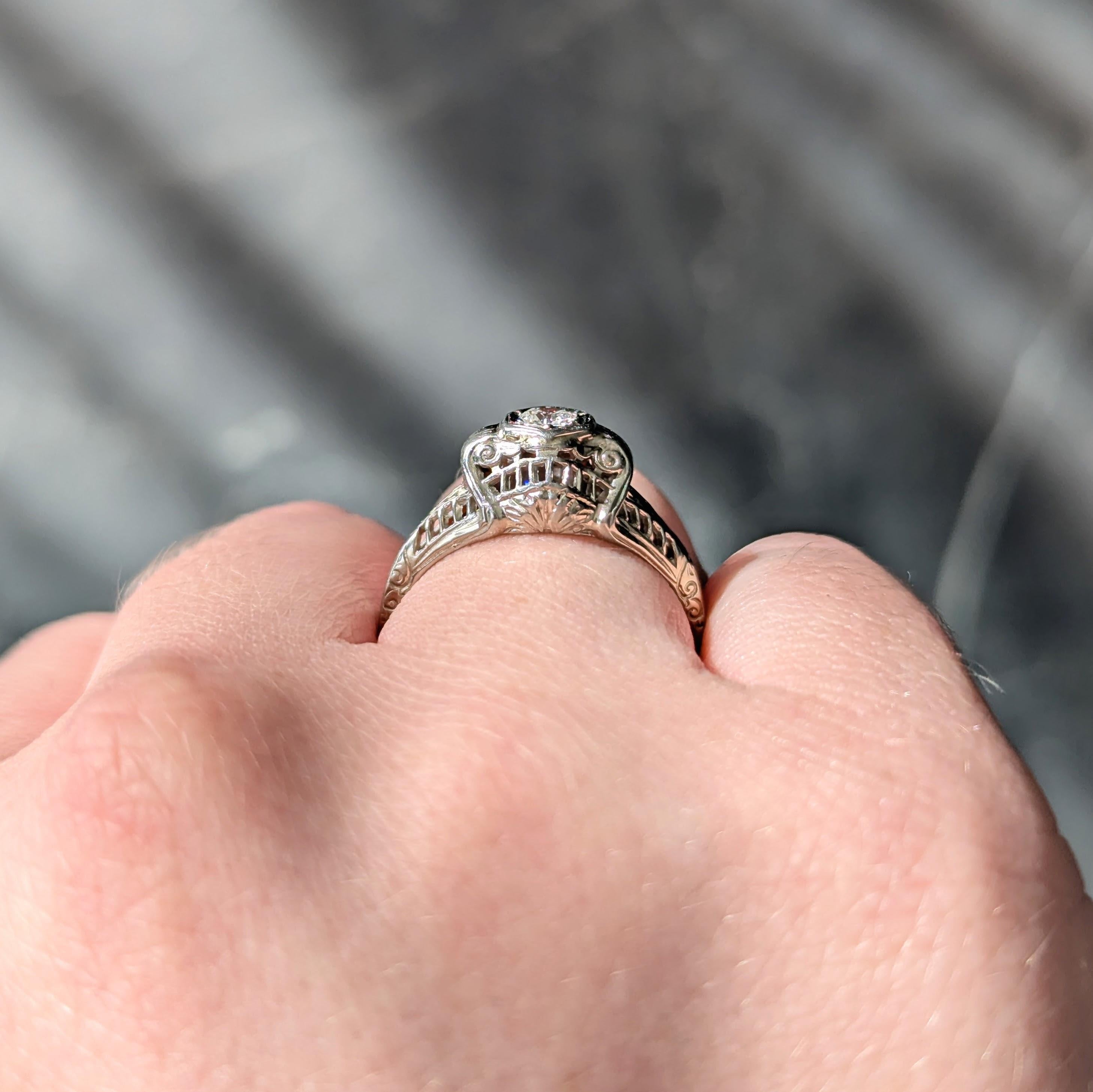 Art Deco European Diamond 18K White Gold Vintage Scrolling Bombé Engagement Ring