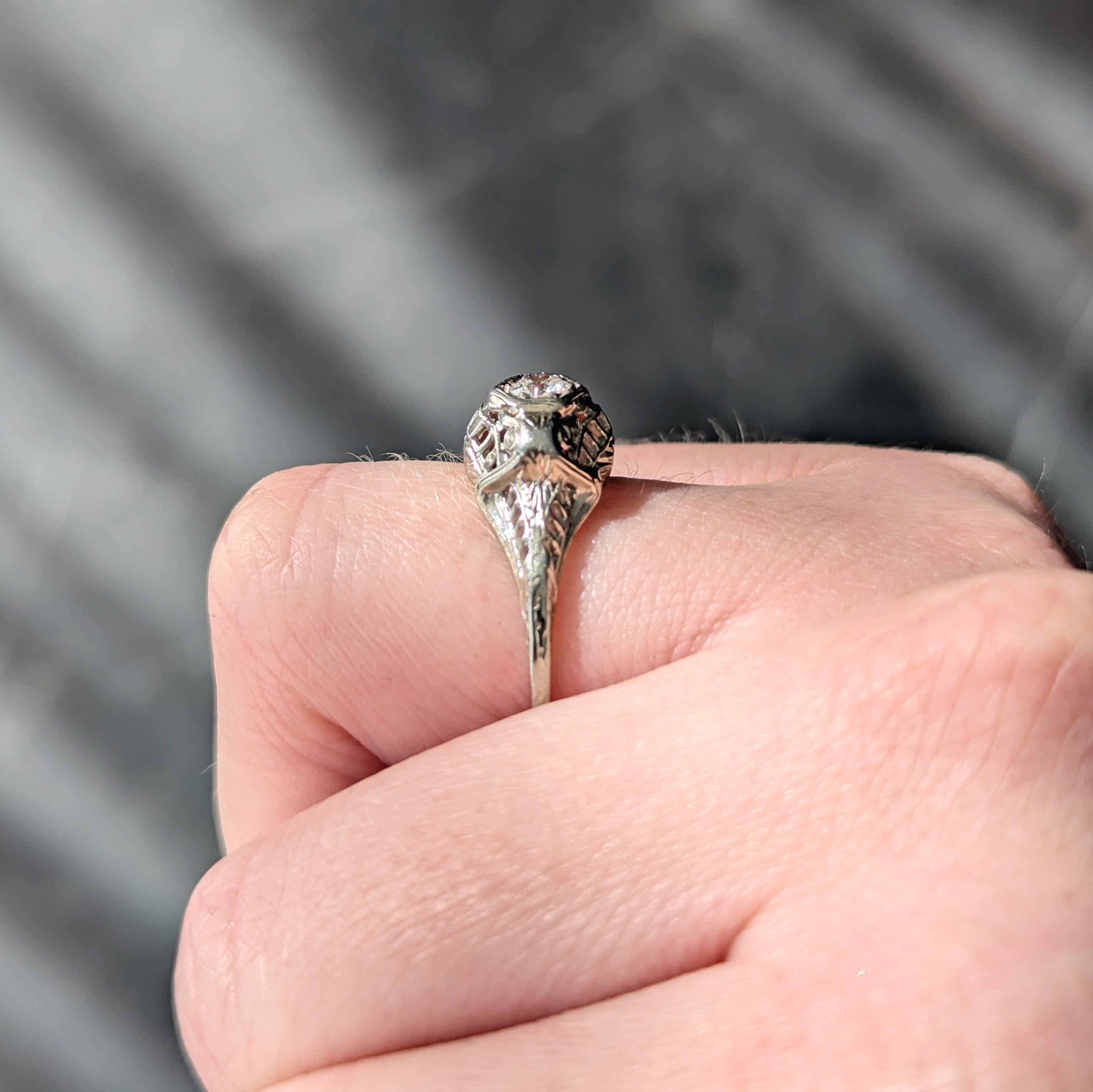 Art Deco European Diamond 18K White Gold Vintage Scrolling Bombé Engagement Ring
