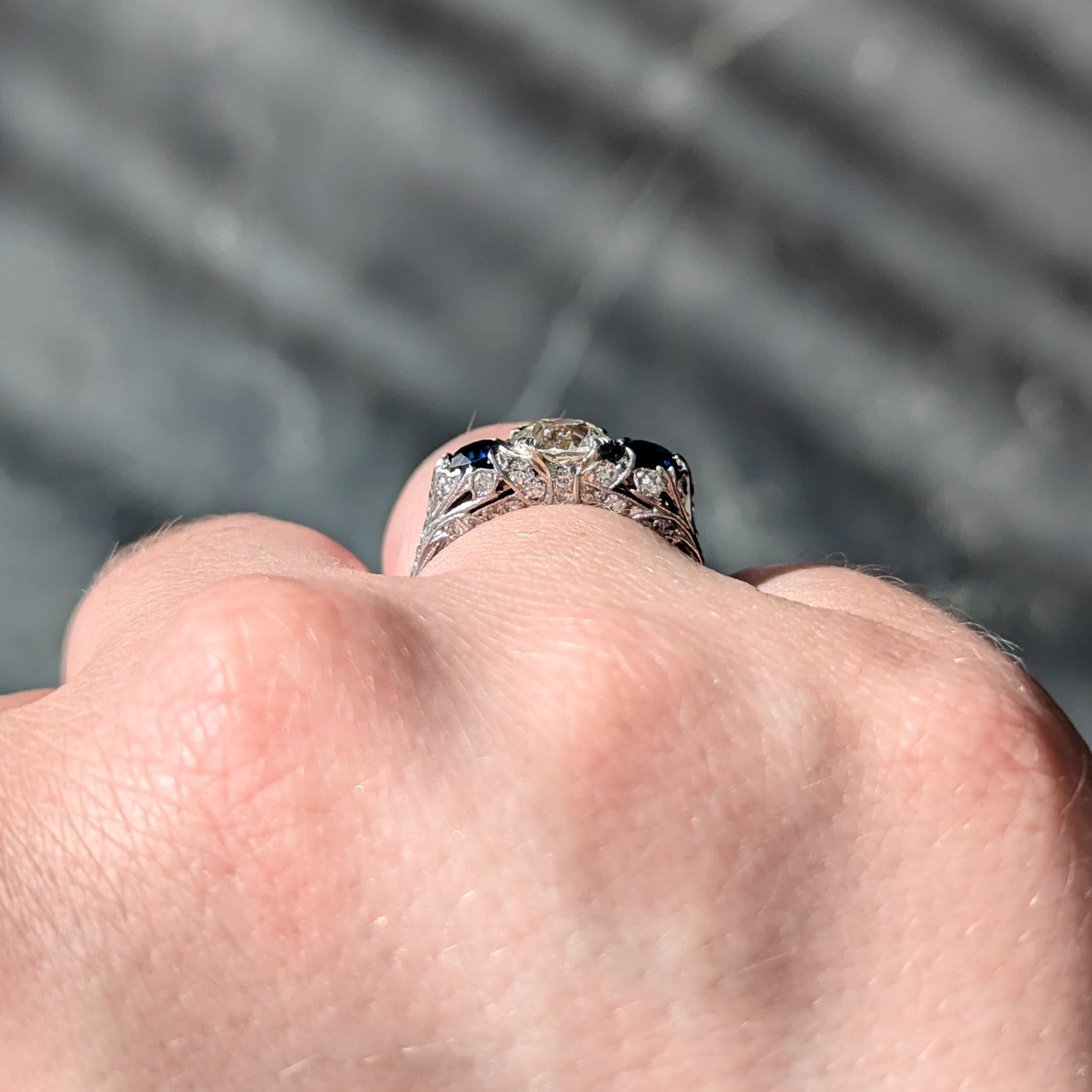 Edwardian 2.10 CTW Sapphire Diamond Platinum Antique Foliate Three Stone Ring