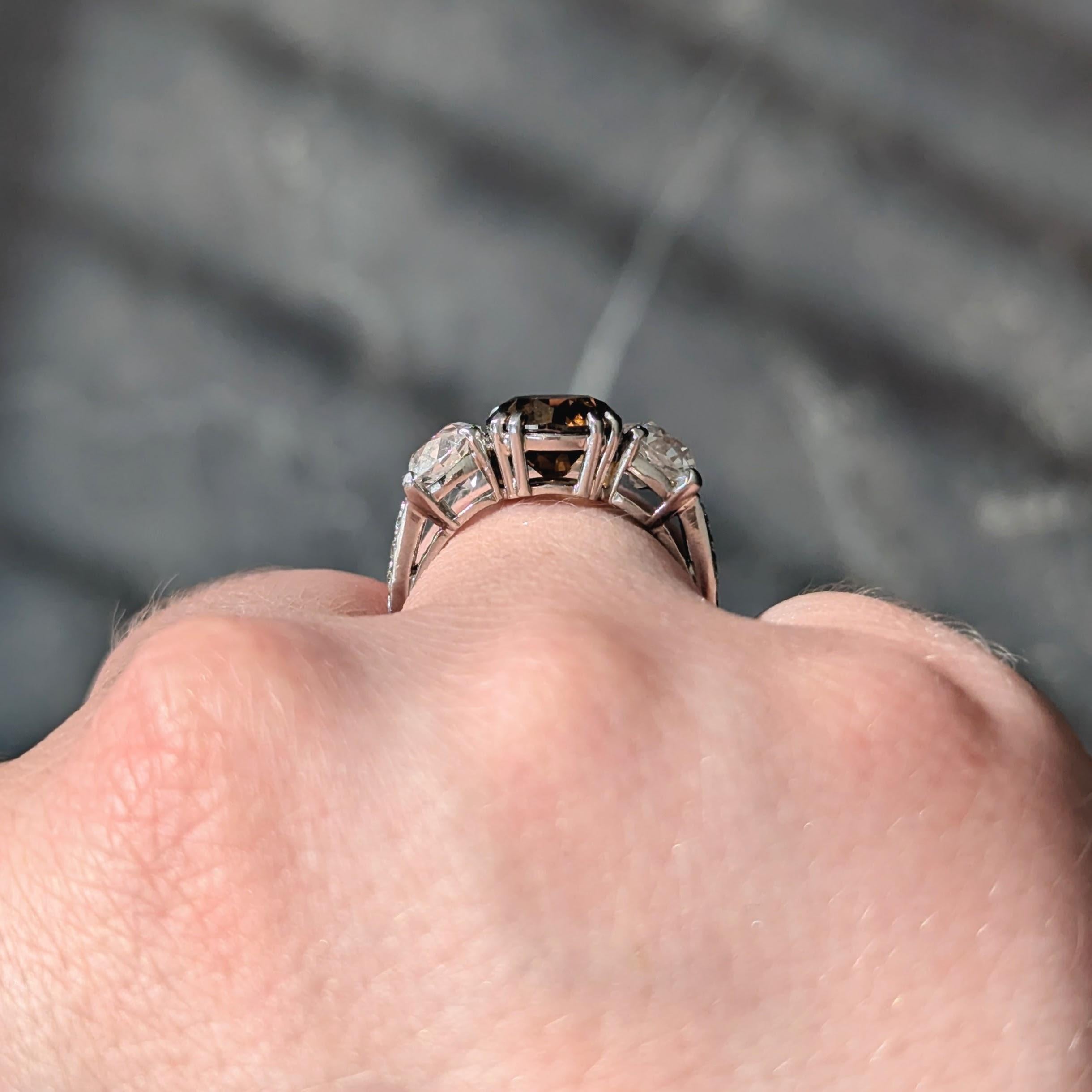 Mid-Century 4.25 CTW Fancy Orangy Brown Diamond Platinum Vintage Engagement Ring