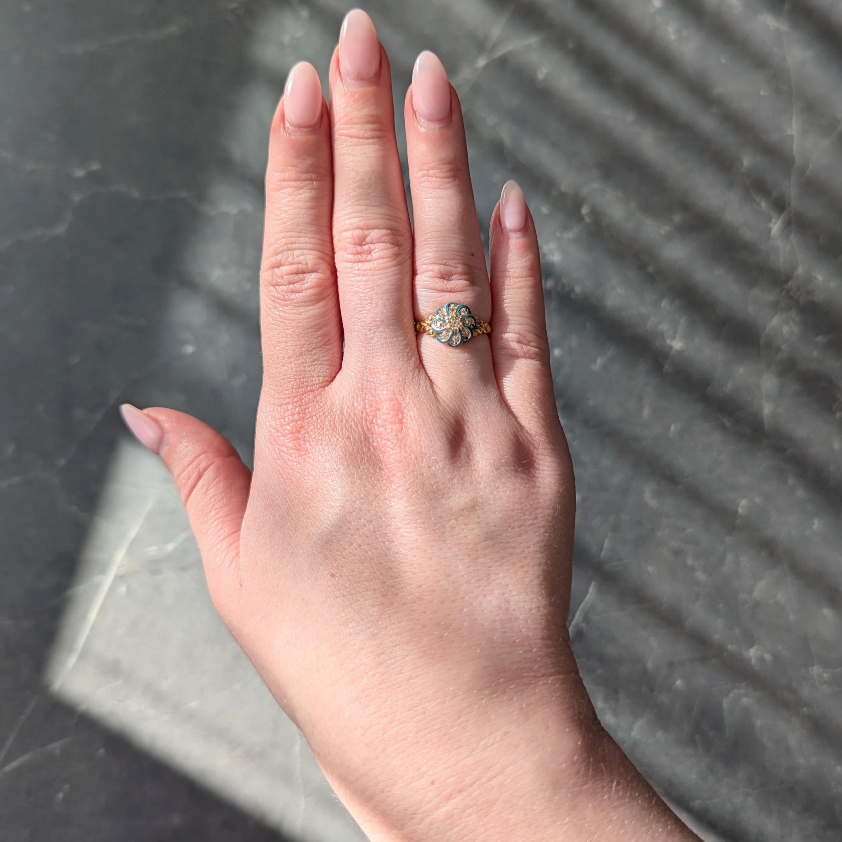 Victorian Diamond Teal Enamel 18K Gold Antique Swirling Floral Cluster Ring