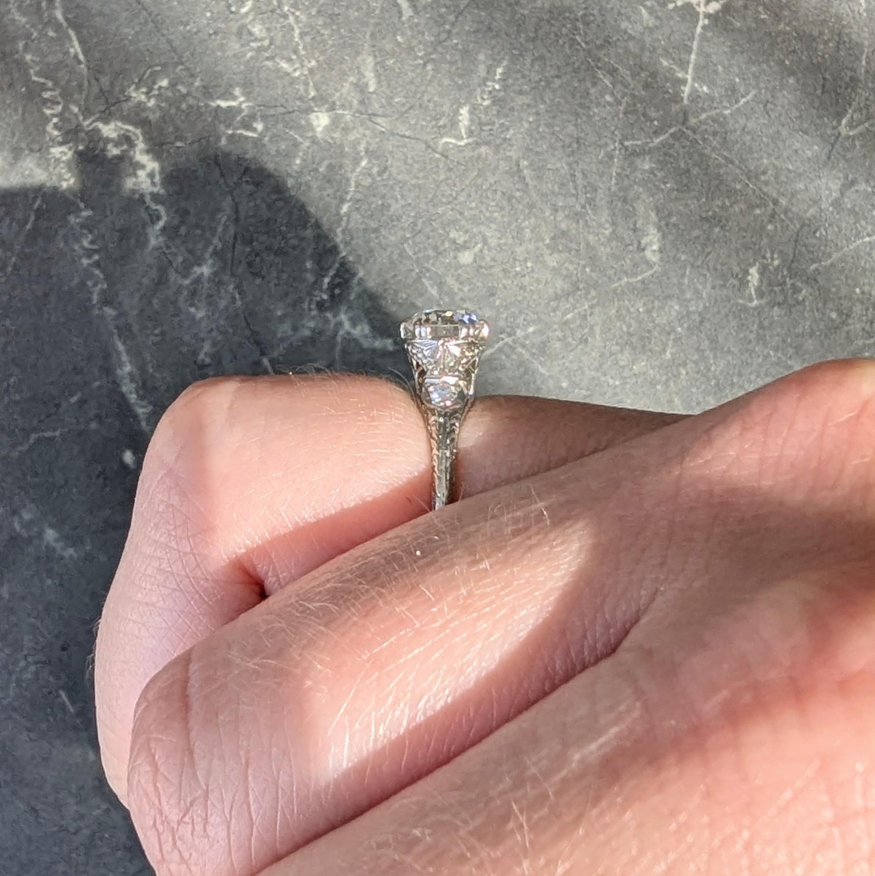 Art Deco 1929 Old European Cut Diamond Platinum Vintage Feather Engagement Ring