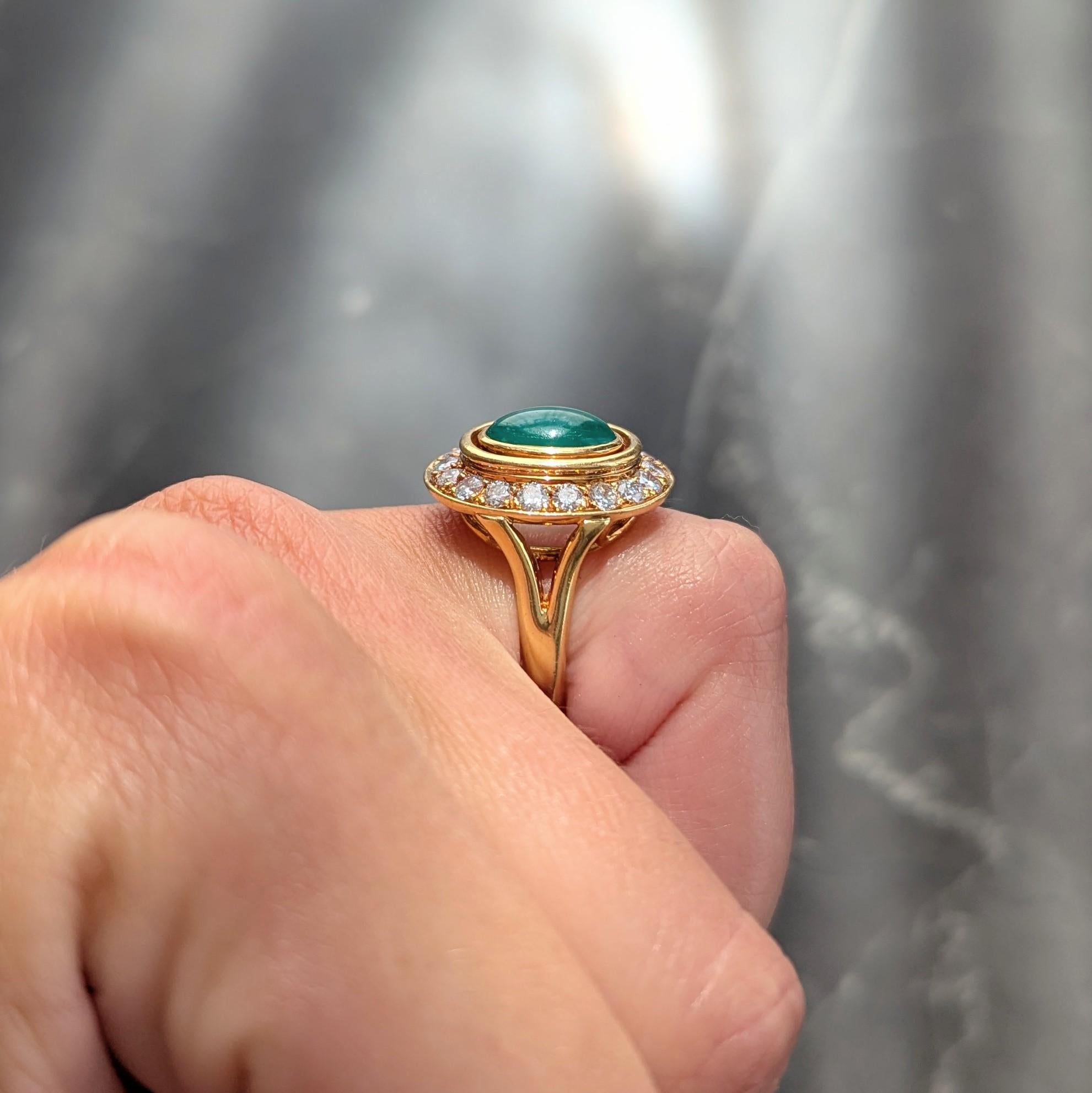 Cartier Paris 1960's Modern Cabochon Emerald Diamond 18K Gold Vintage Halo Ring