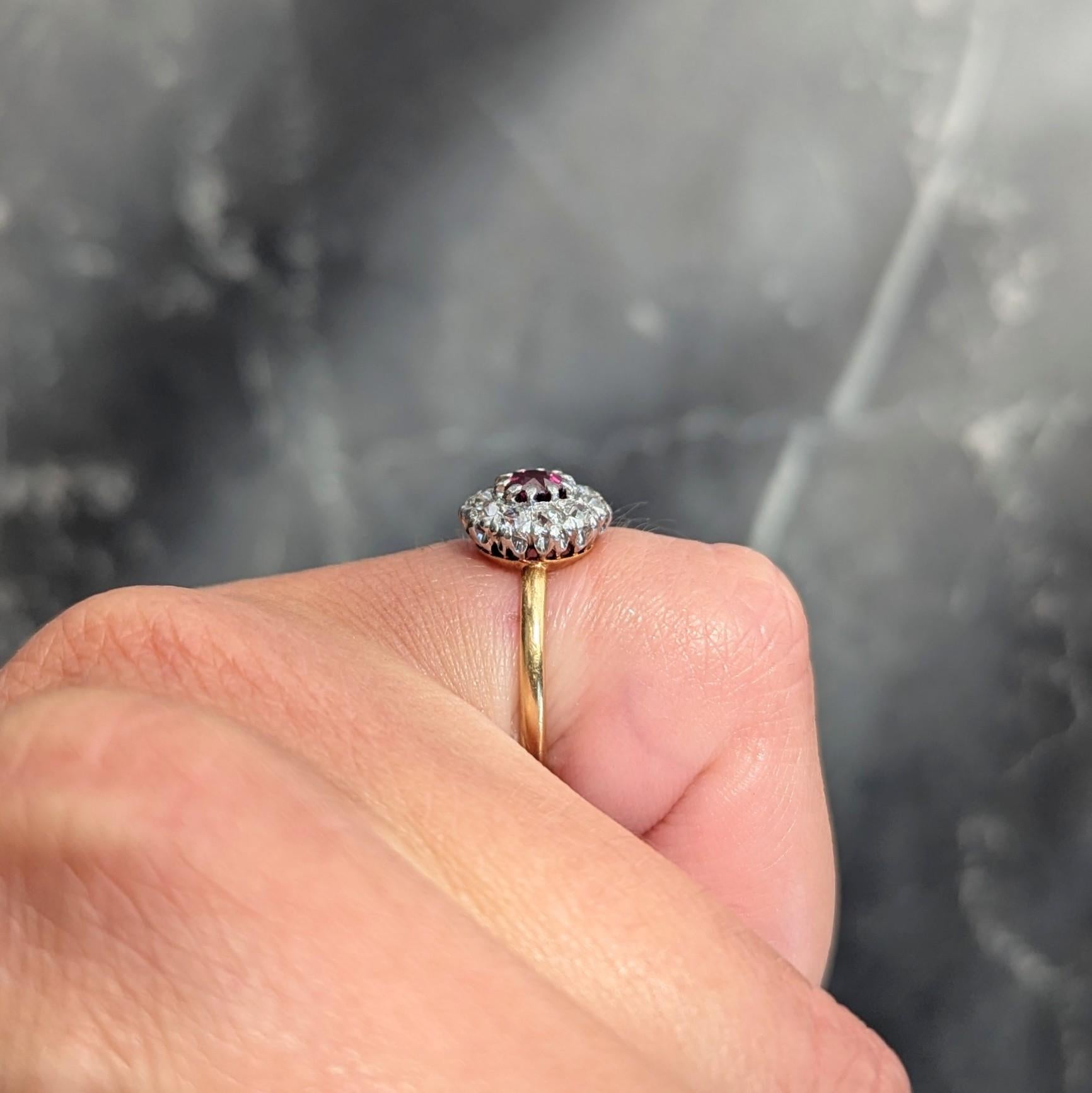 Edwardian Ruby Old Mine Diamond Platinum 18 Karat Yellow Gold Antique Halo Ring