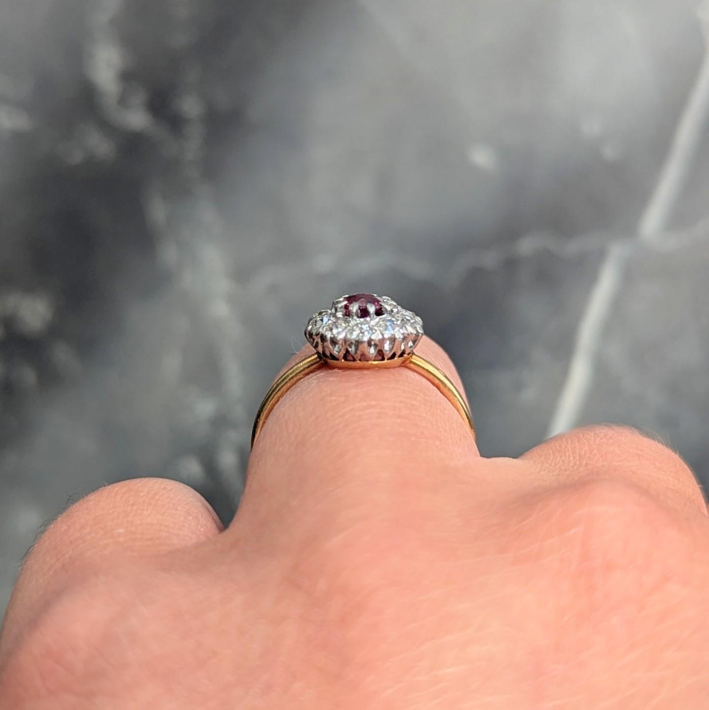 Edwardian Ruby Old Mine Diamond Platinum 18 Karat Yellow Gold Antique Halo Ring