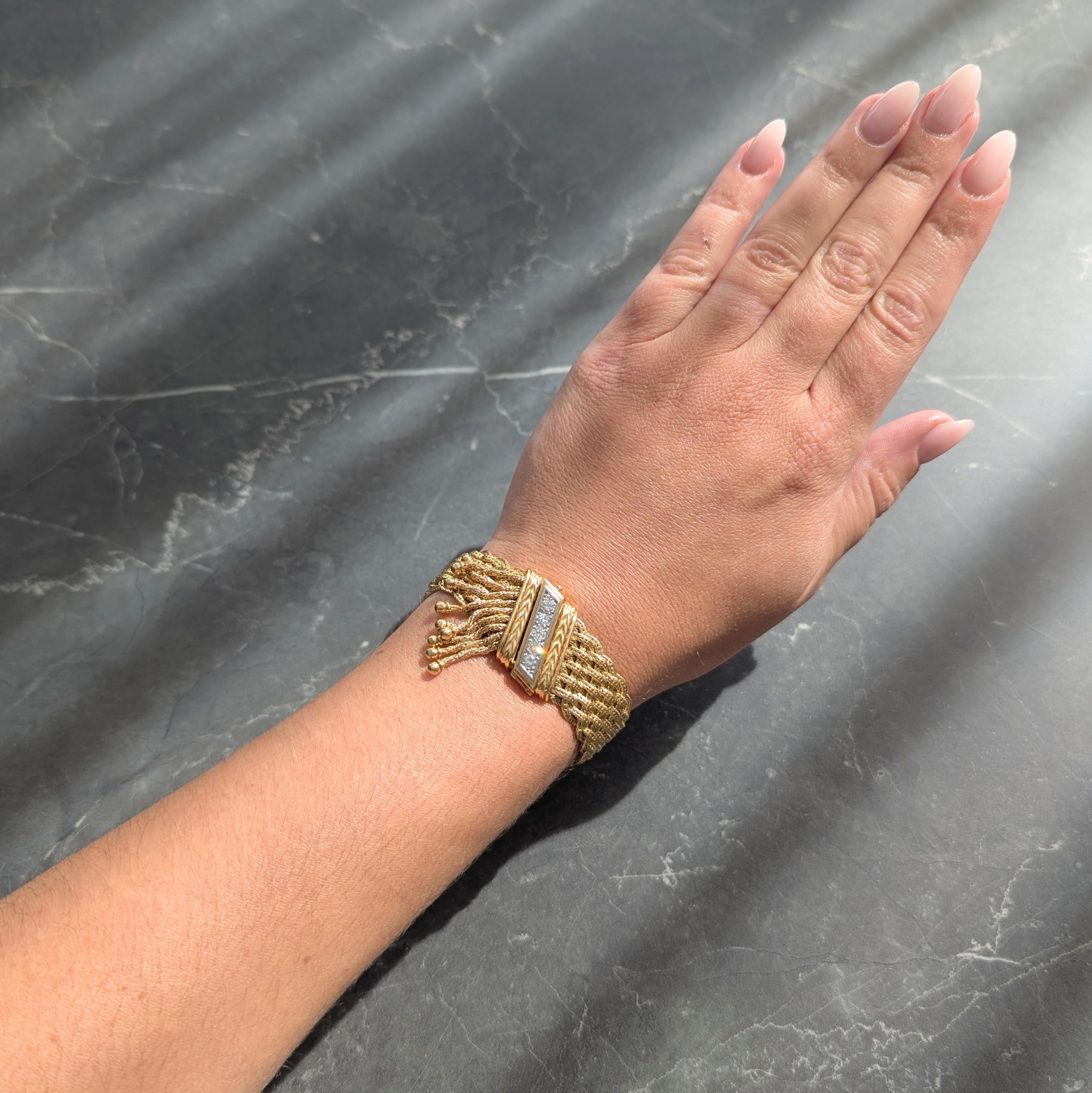 Mid-Century French Diamond Platinum 18 Karat Yellow Gold Woven Tassel Bracelet