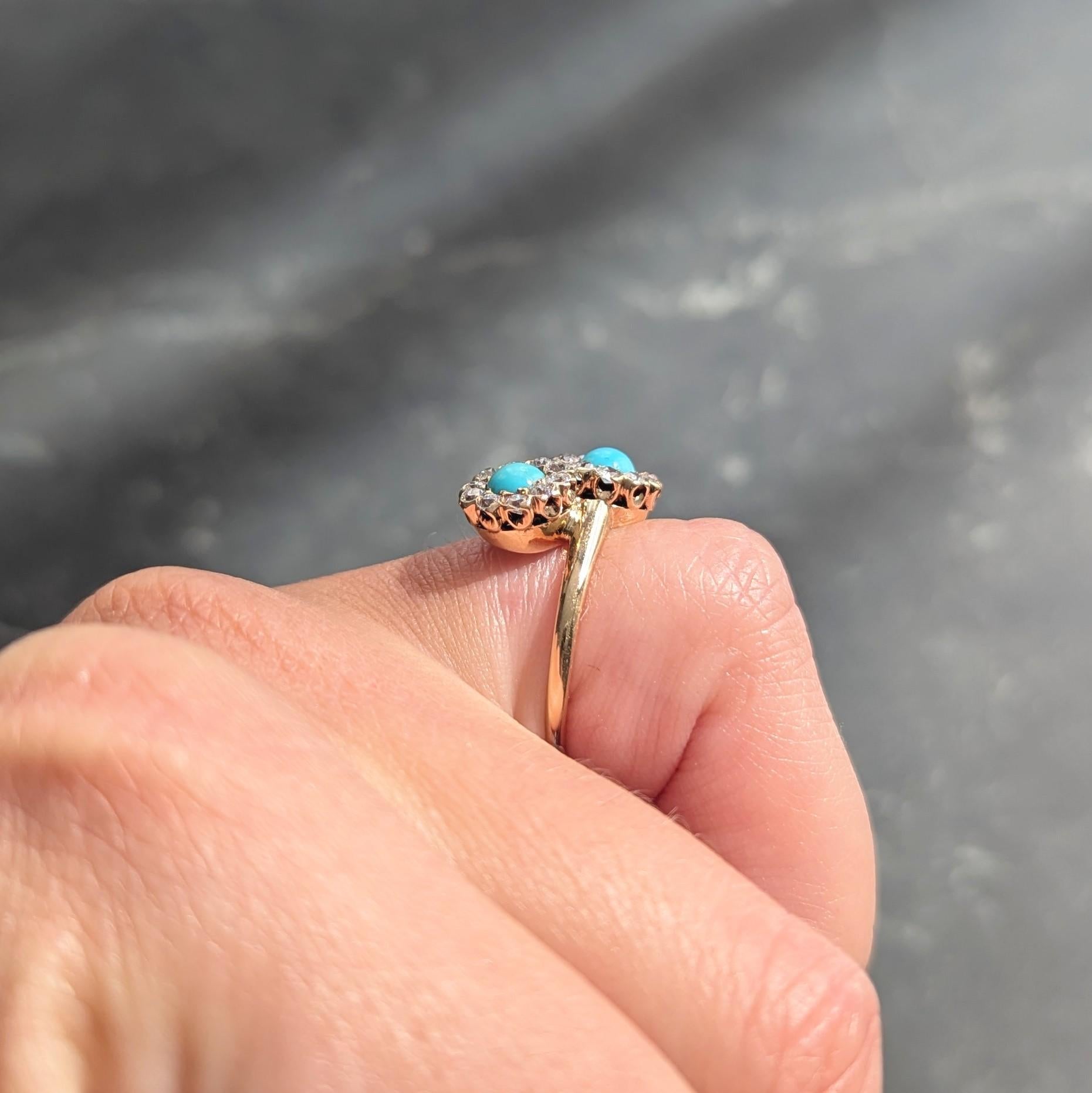 Victorian Turquoise Diamond 14 Karat Yellow Gold Antique Toi-Et-Moi Bypass Ring
