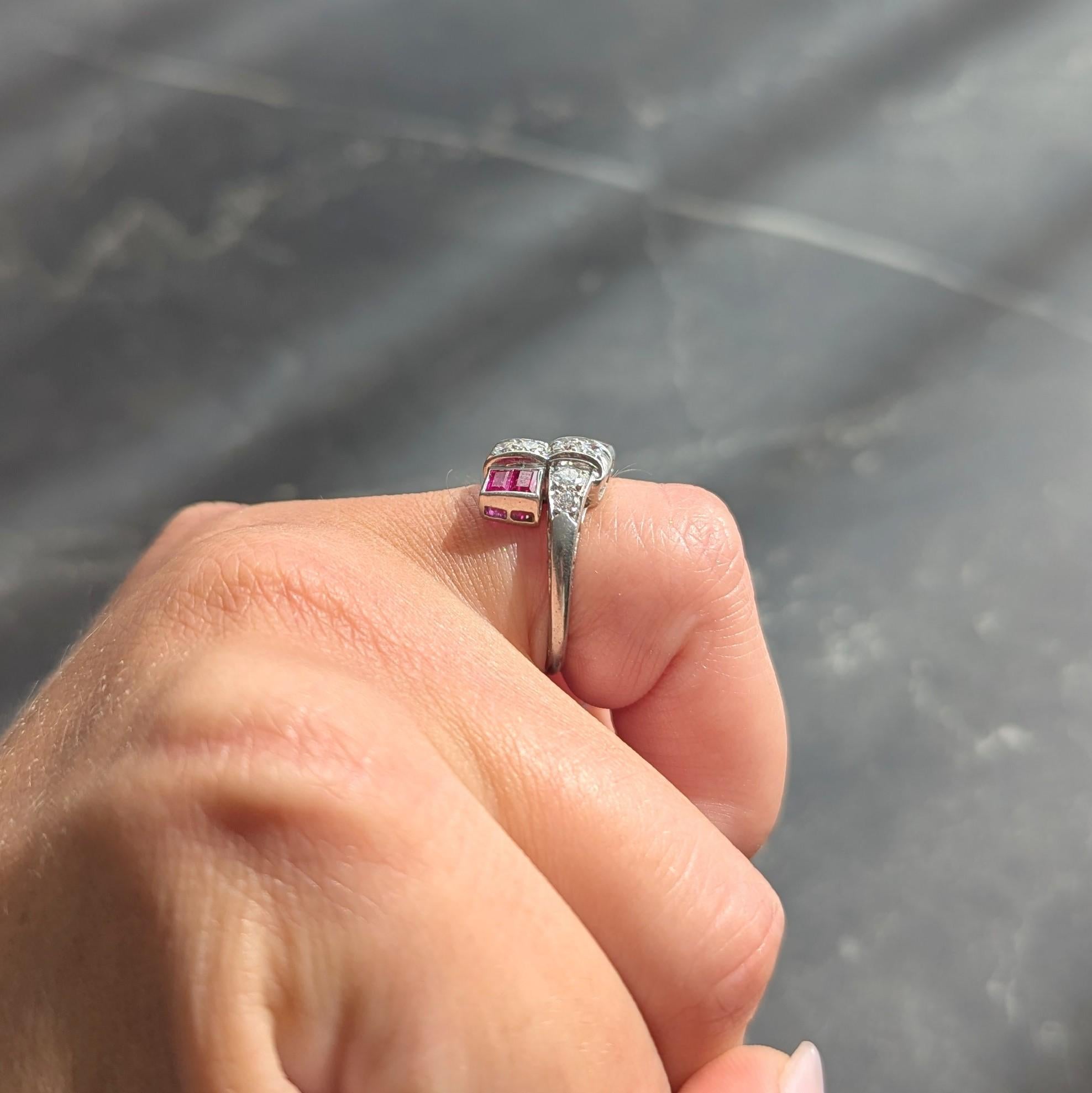 Maurice Tishman Mid-Century Ruby Diamond Platinum Bypass Ring