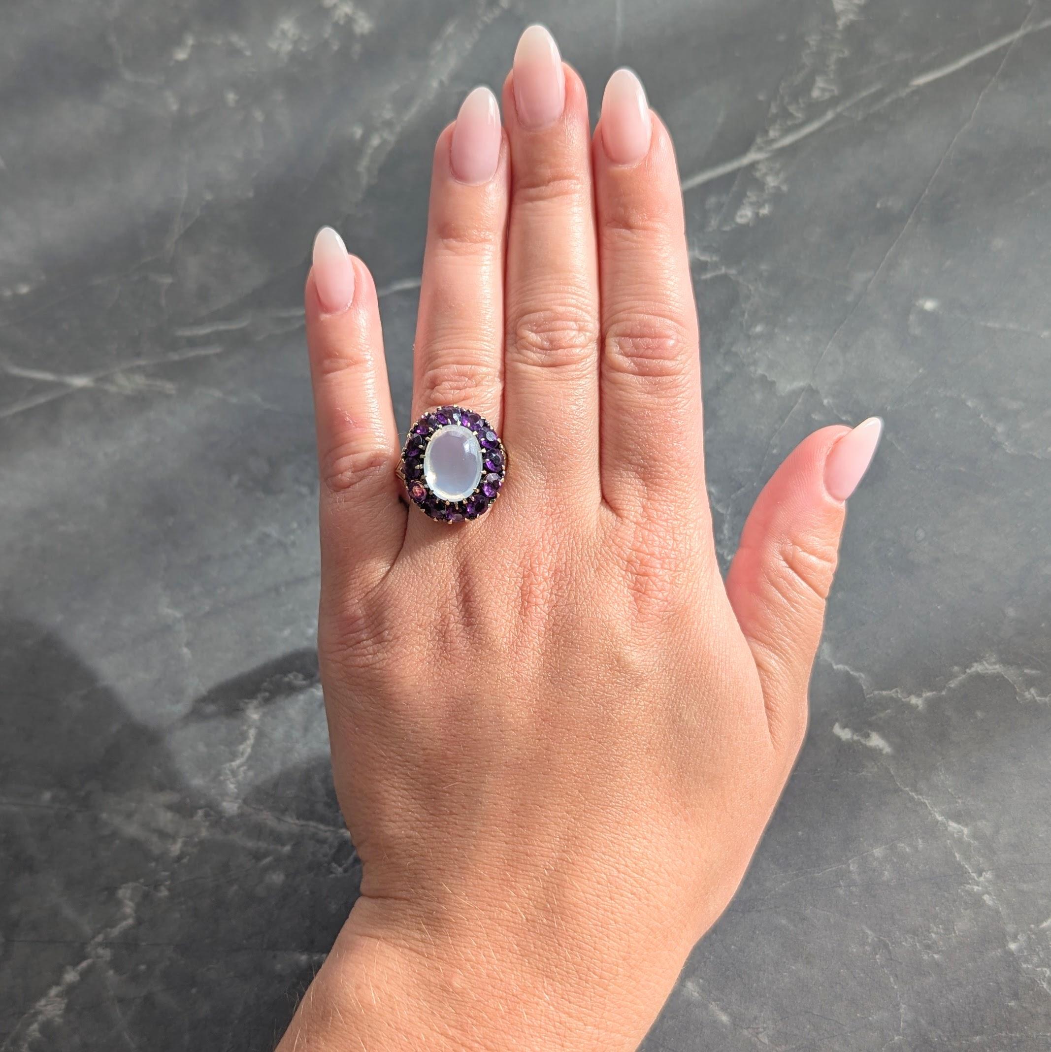 Victorian Moonstone Amethyst 14 Karat Yellow Gold Antique Fleur-De-Lis Halo Ring