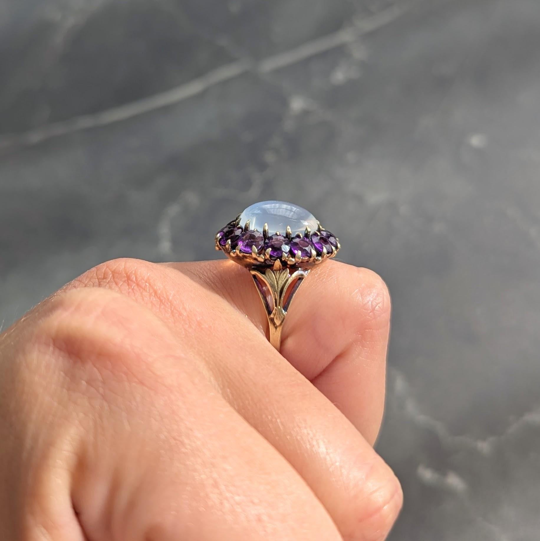 Victorian Moonstone Amethyst 14 Karat Yellow Gold Antique Fleur-De-Lis Halo Ring
