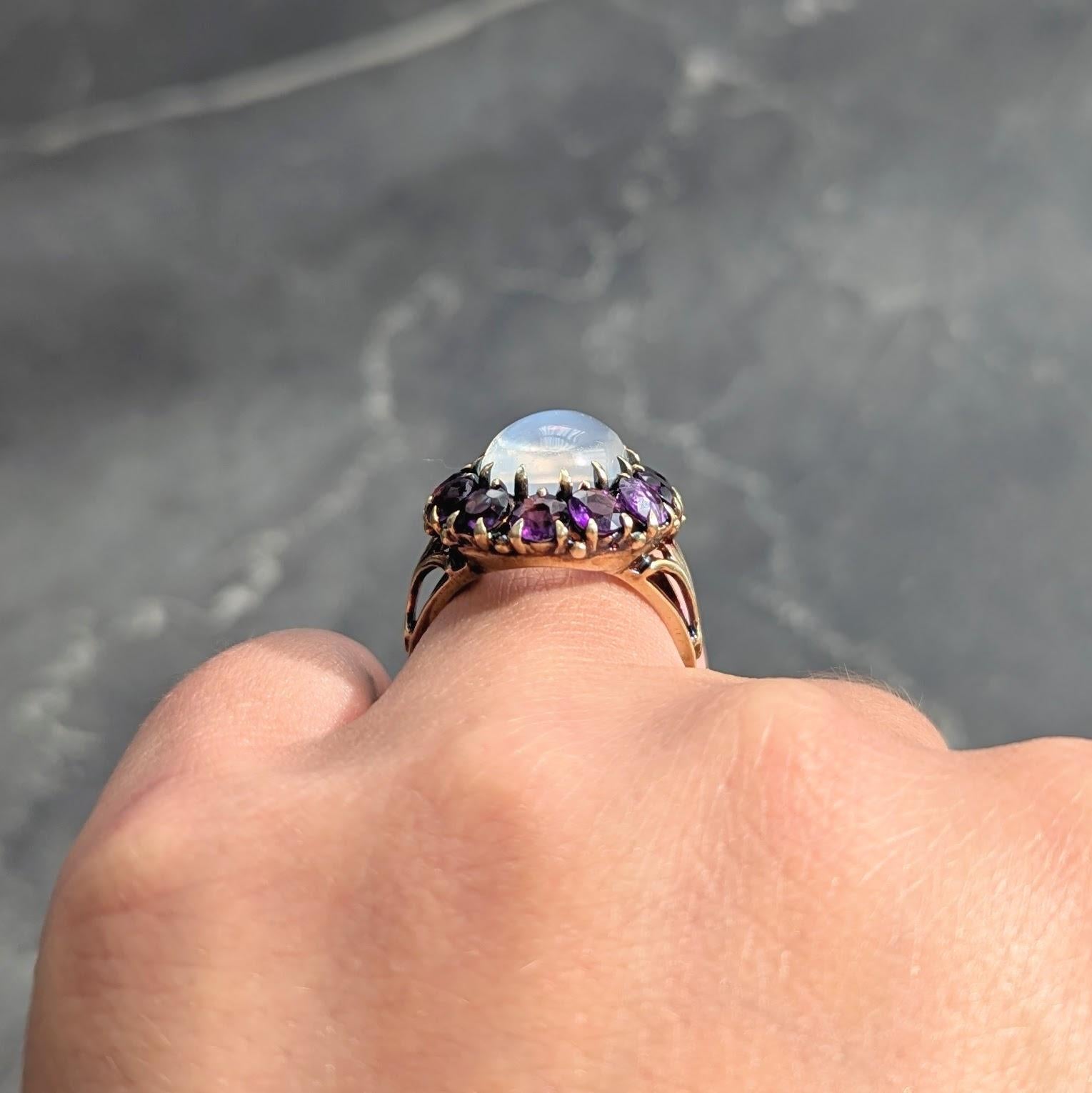 Victorian Moonstone Amethyst 14 Karat Yellow Gold Antique Fleur-De-Lis Halo Ring