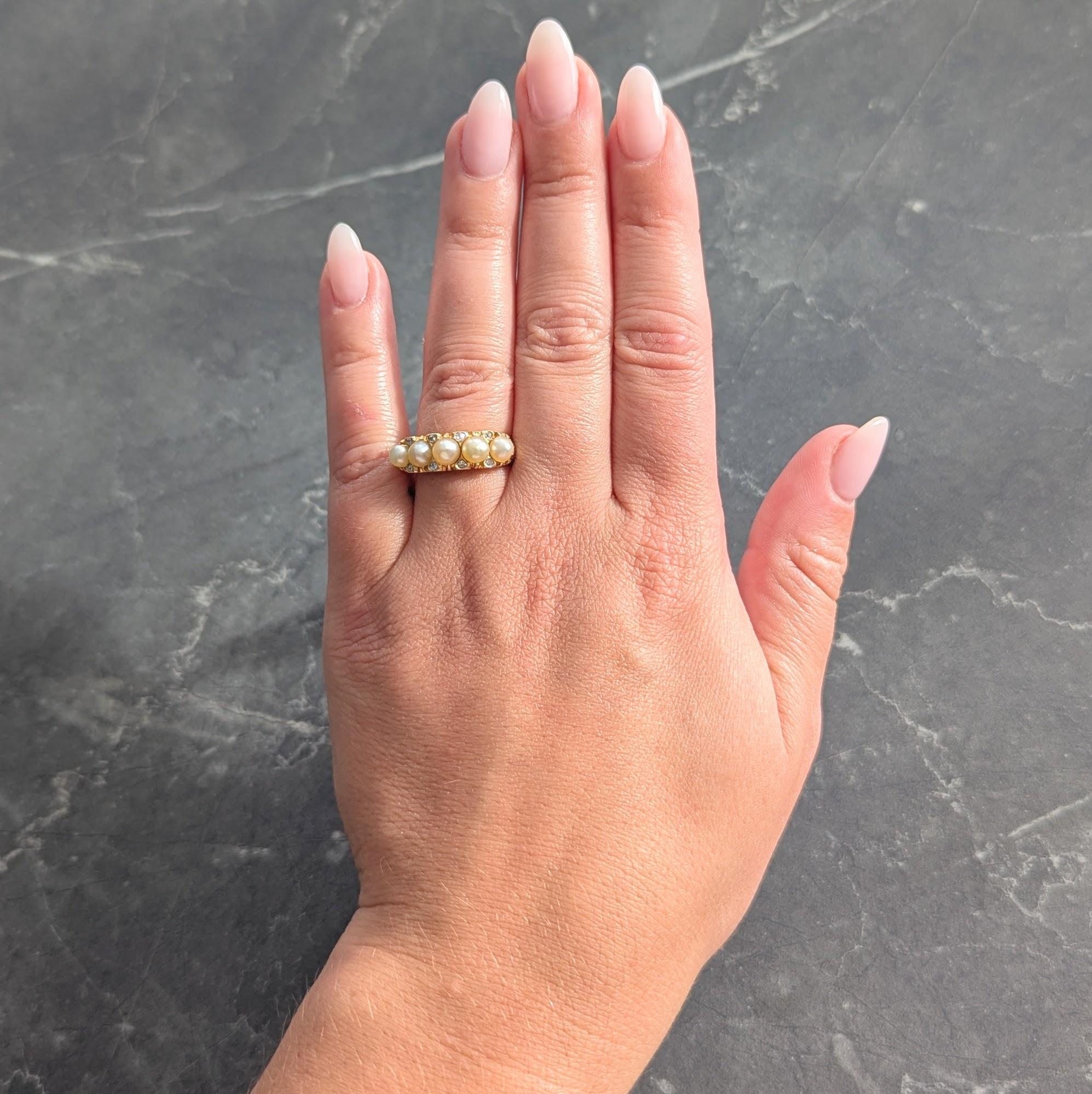 Art Nouveau Pearl Diamond 18 Karat Yellow Gold Antique Scrolling Band Ring