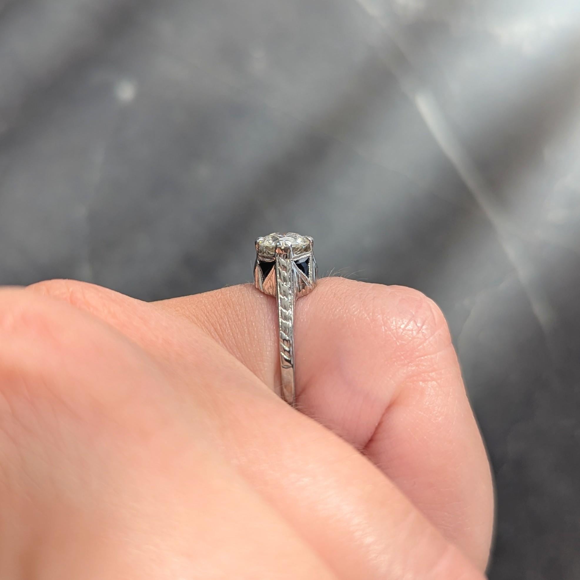 Art Deco 0.75 CTW Diamond Sapphire 18 White Gold Vintage Wheat Engagement Ring