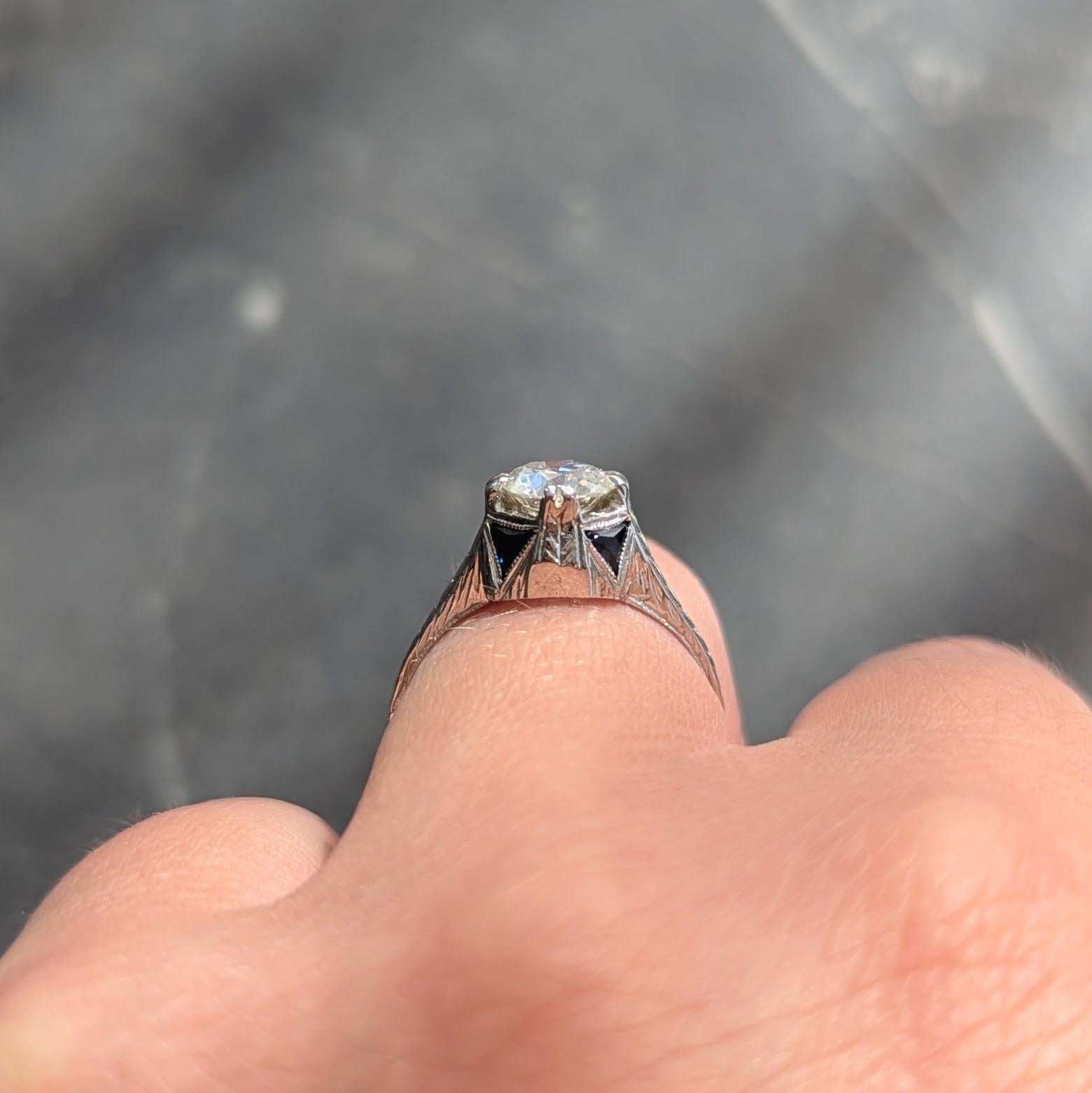Art Deco 0.75 CTW Diamond Sapphire 18 White Gold Vintage Wheat Engagement Ring