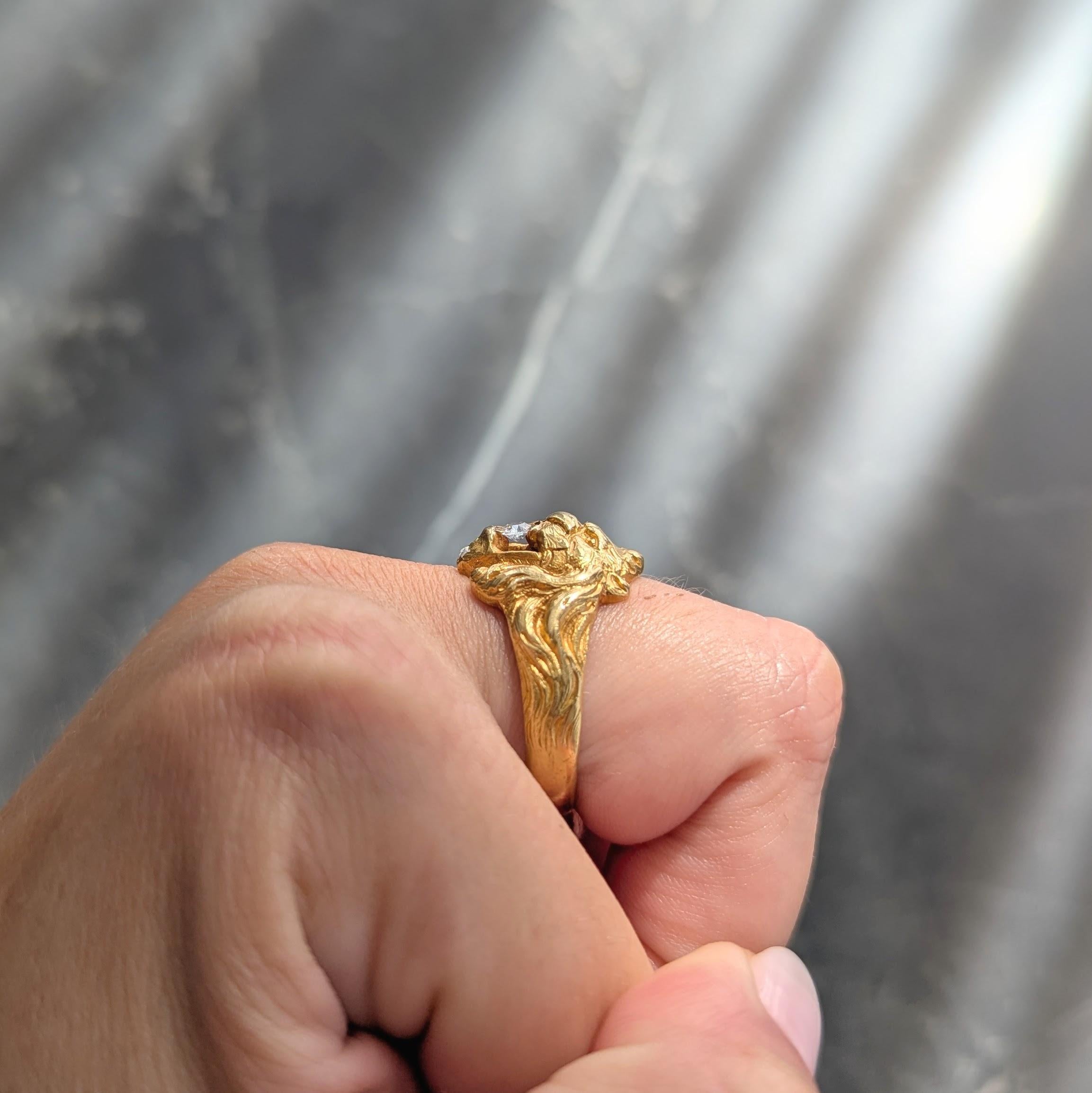 Art Nouveau French 1924 Diamond 18 Karat Yellow Gold Antique Lion Ring