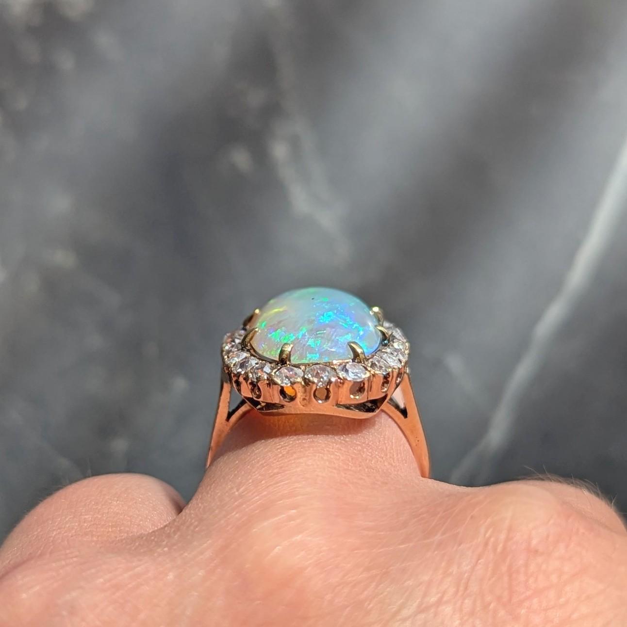 Victorian Jelly Opal Diamond 14 Karat Yellow Gold Antique Halo Cocktail Ring