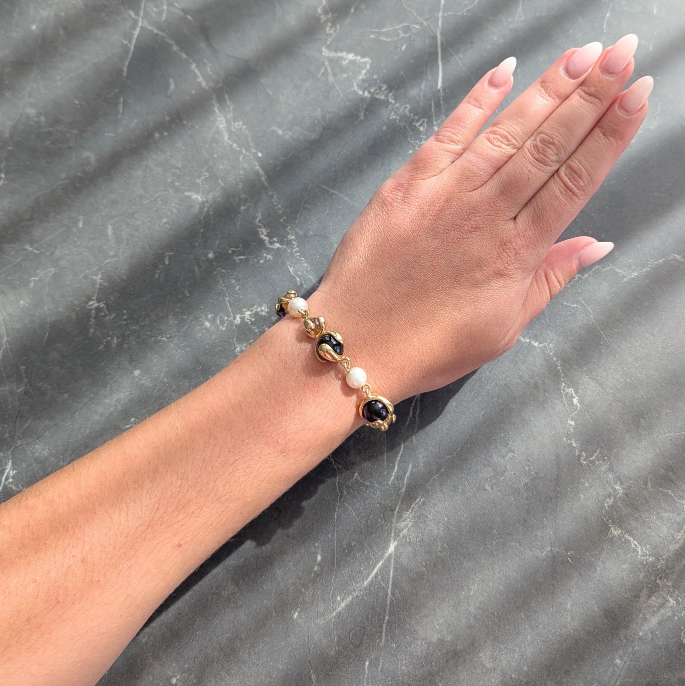 Marina B. 2000's Amethyst Pearl Citrine 18K Yellow Gold Cardan Bead Bracelet