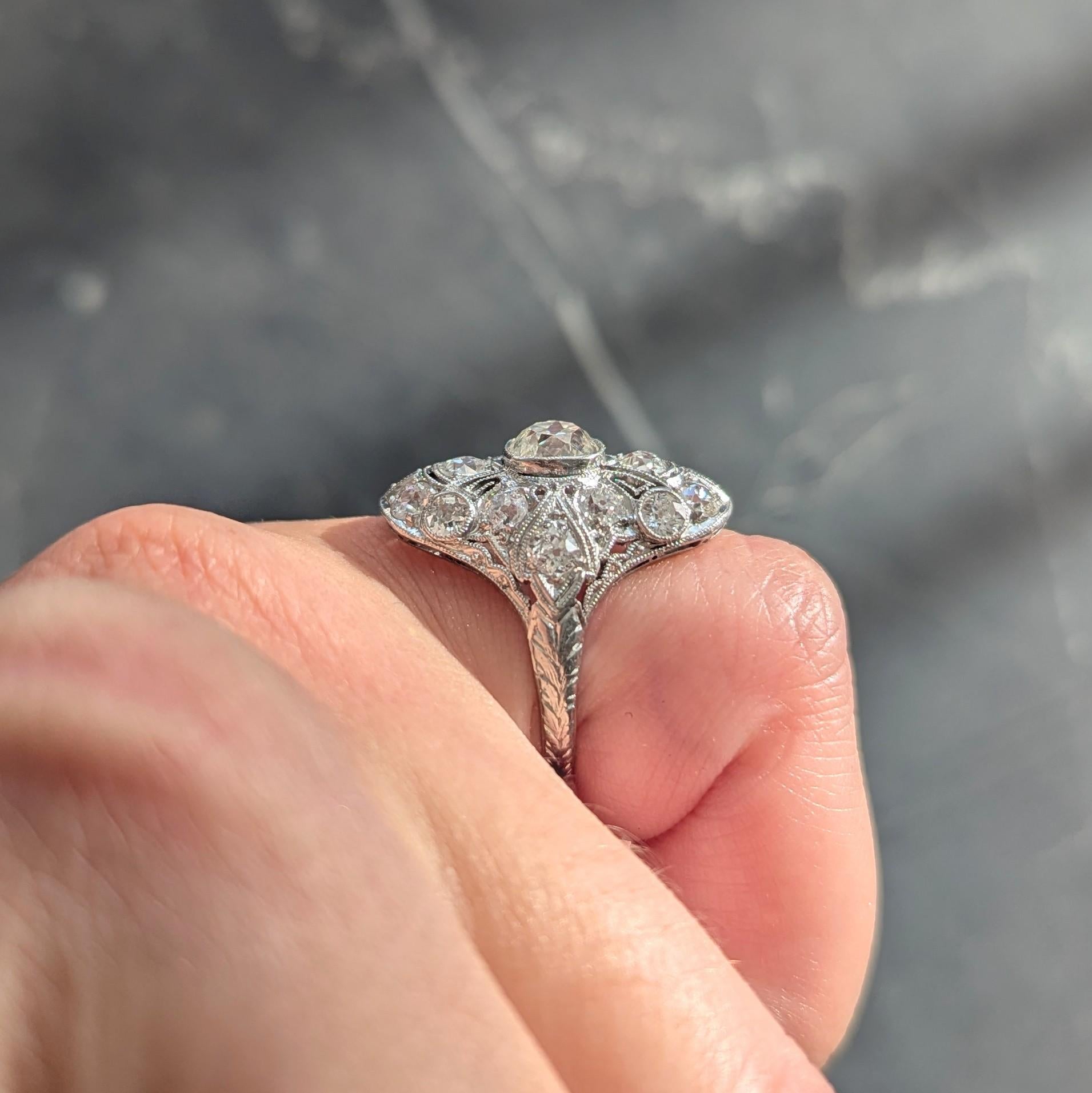 Art Deco 3.26 CTW Diamond Platinum Vintage Greek Key Navette Dinner Ring