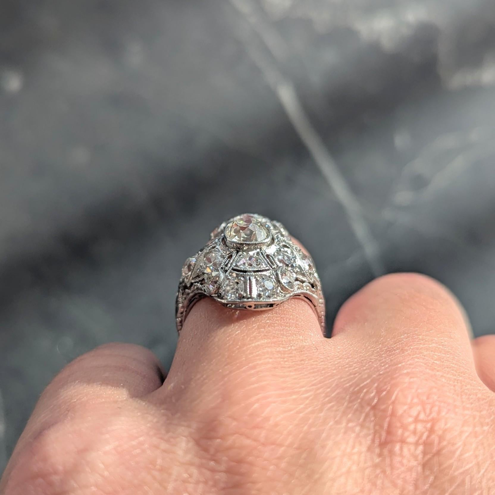 Art Deco 3.26 CTW Diamond Platinum Vintage Greek Key Navette Dinner Ring