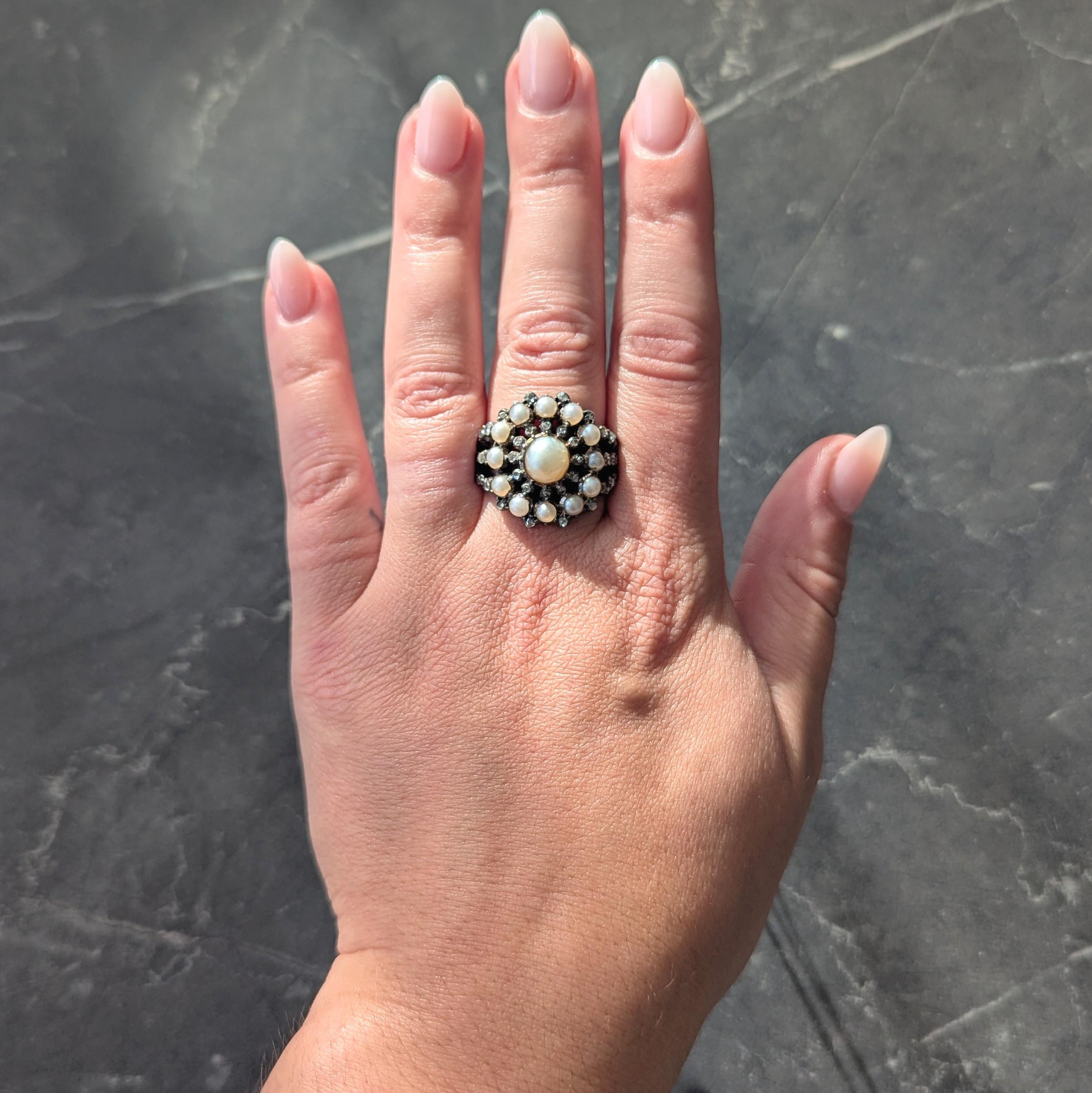 Victorian Diamond Pearl Sterling Silver 12 Karat Gold Antique Radial Burst Ring