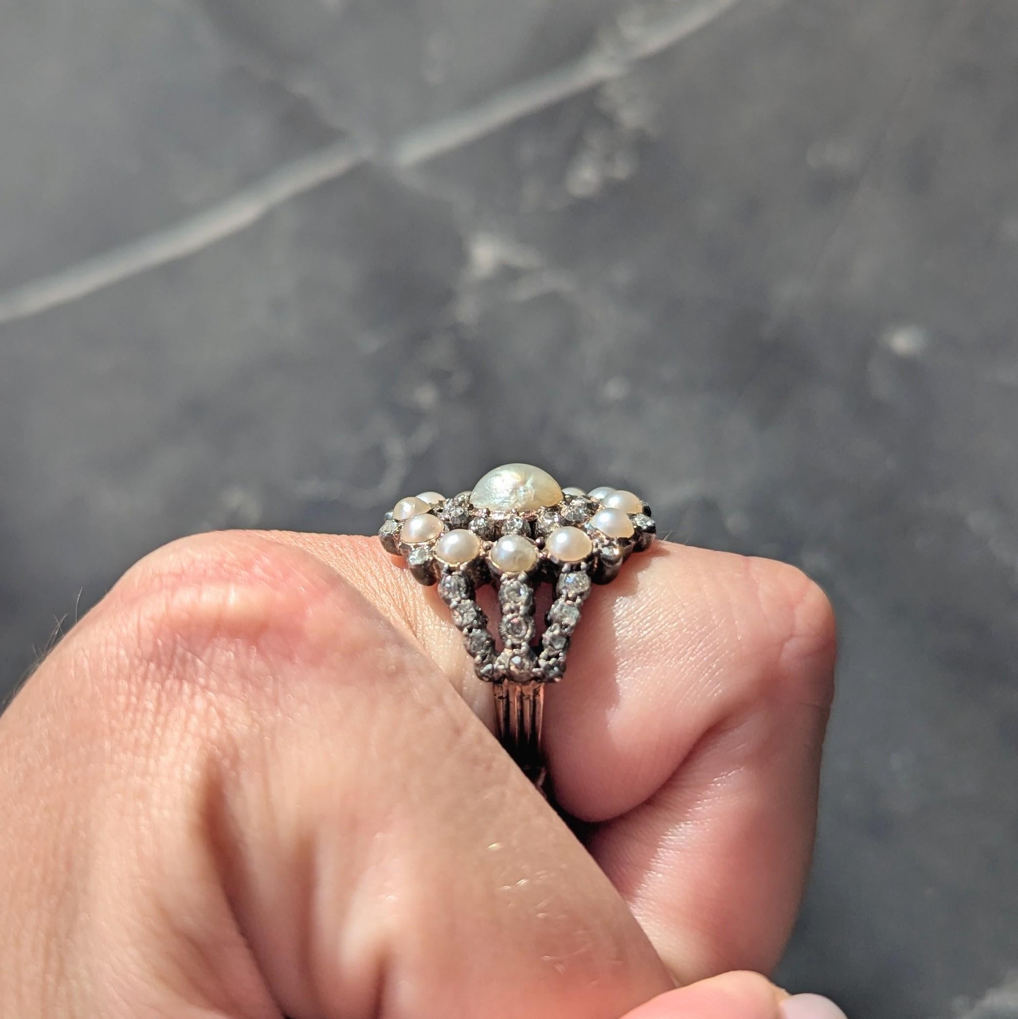 Victorian Diamond Pearl Sterling Silver 12 Karat Gold Antique Radial Burst Ring