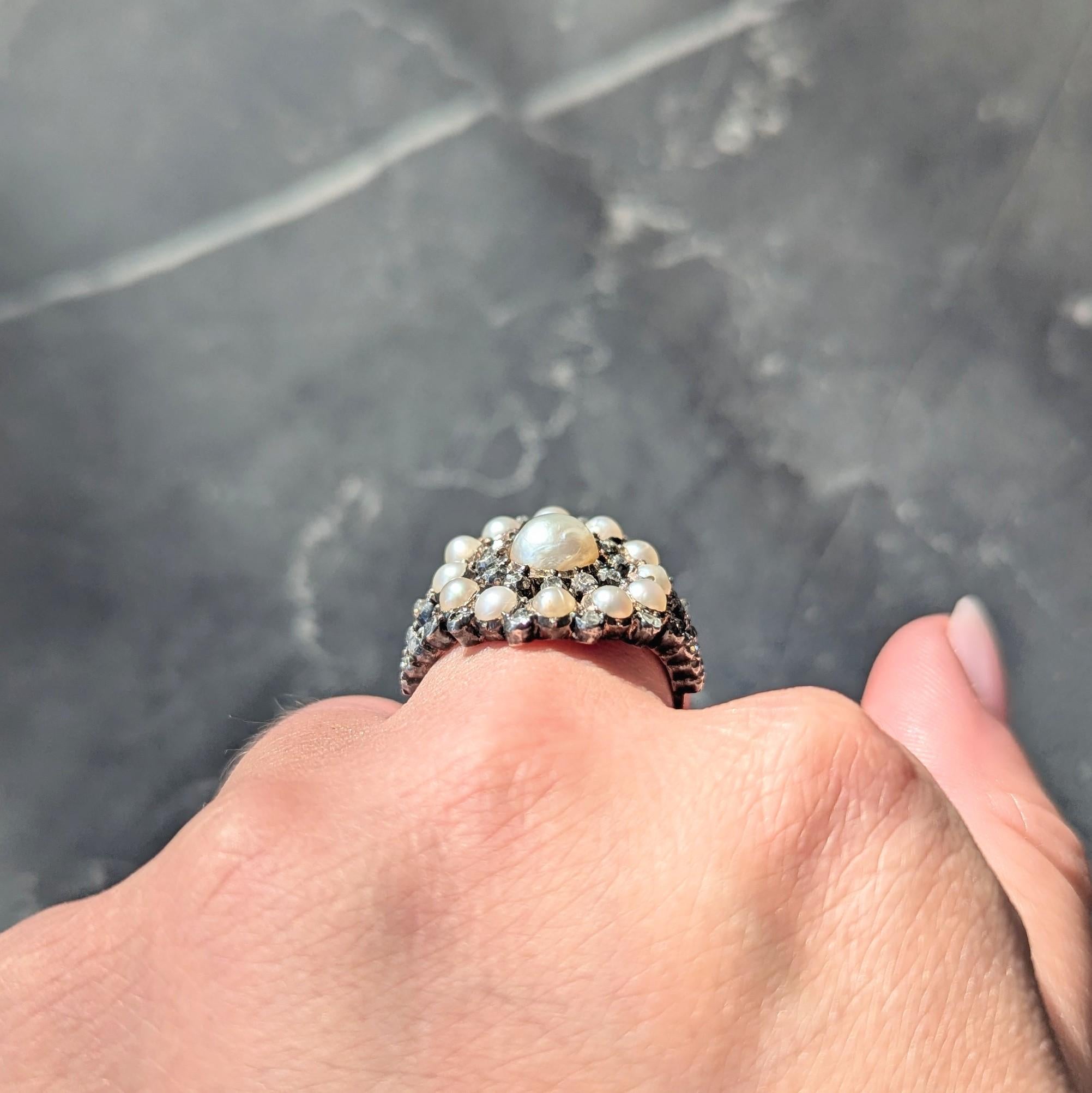 Victorian Diamond Pearl Sterling Silver 12 Karat Gold Antique Radial Burst Ring