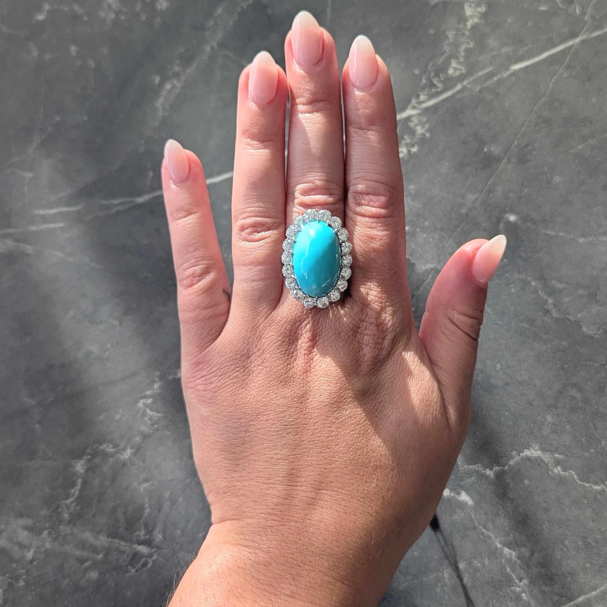 Mid-Century 3.24 CTW Diamond Turquoise 18K White Gold Vintage Wire Halo Ring