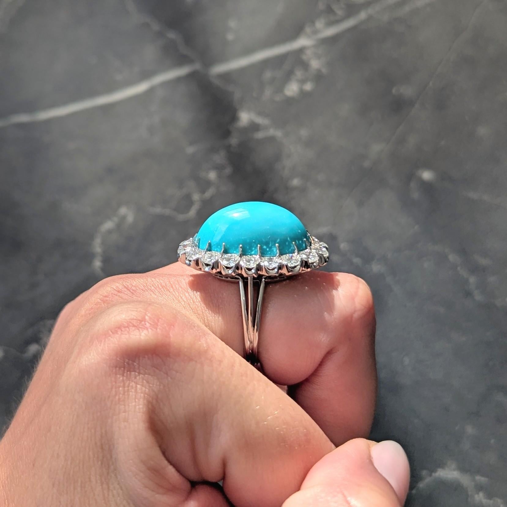 Mid-Century 3.24 CTW Diamond Turquoise 18K White Gold Vintage Wire Halo Ring