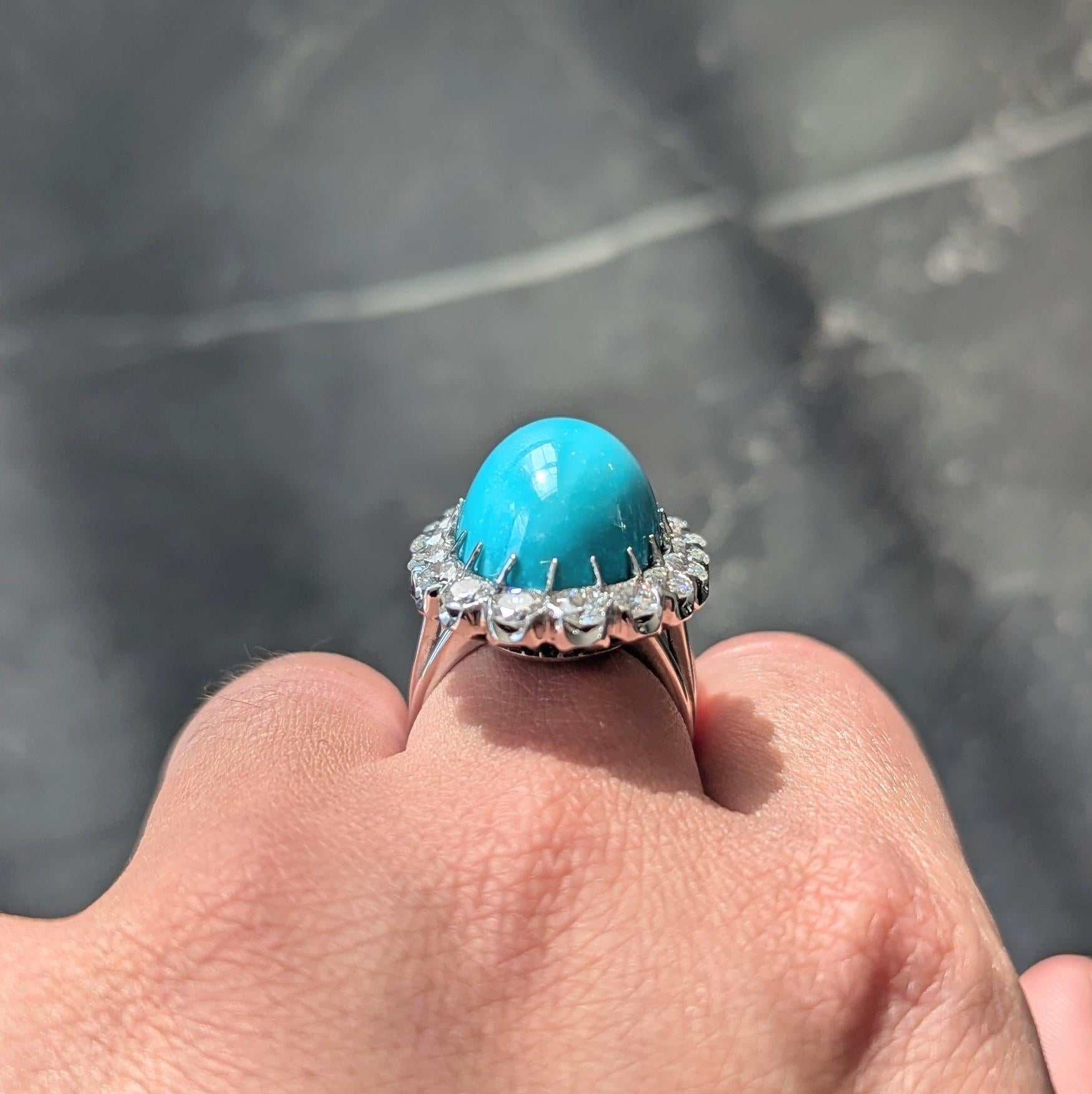 Mid-Century 3.24 CTW Diamond Turquoise 18K White Gold Vintage Wire Halo Ring