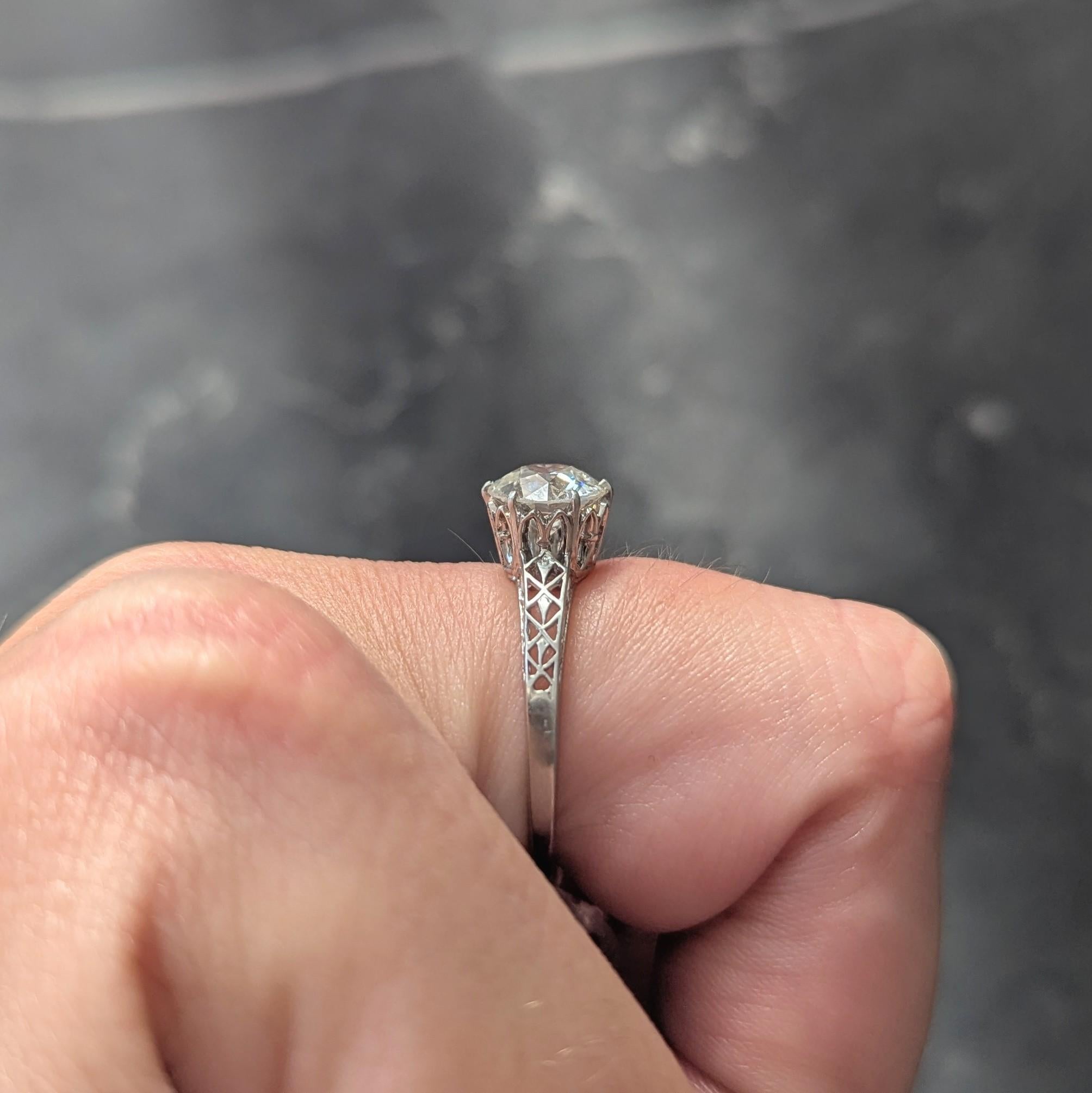 Art Deco Old European Diamond Platinum Fleur-De-Lis Solitaire Engagement Ring