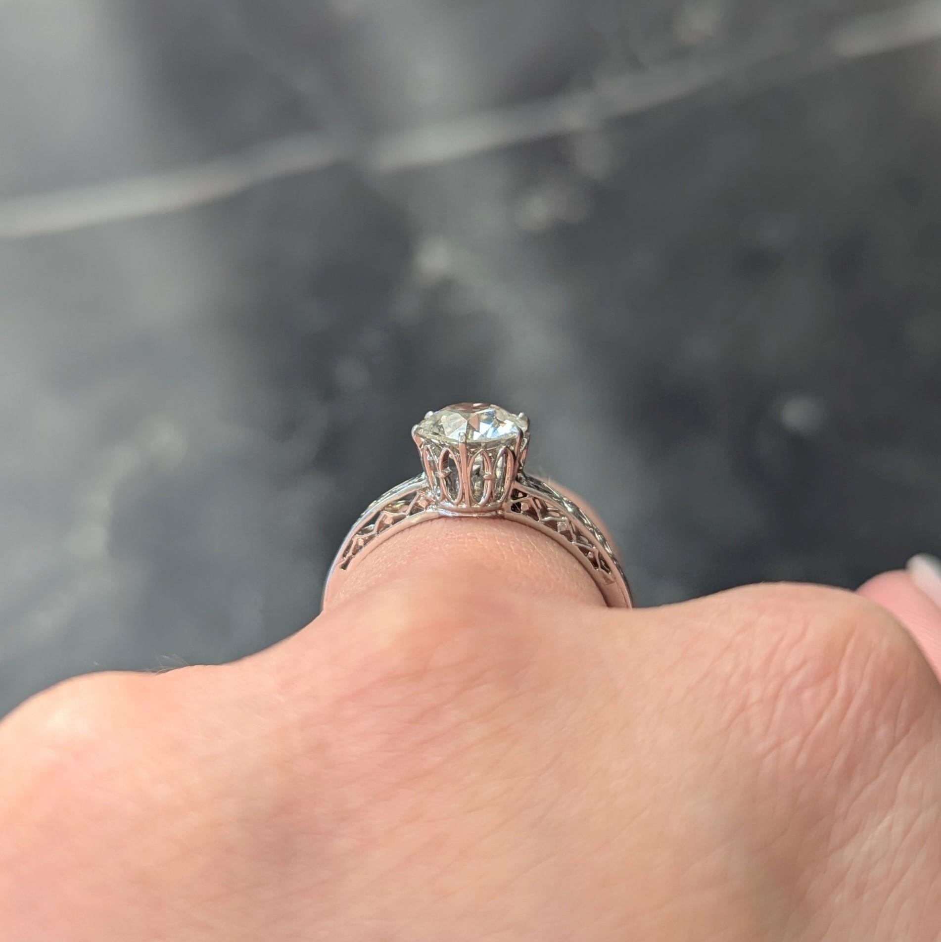 Art Deco Old European Diamond Platinum Fleur-De-Lis Solitaire Engagement Ring