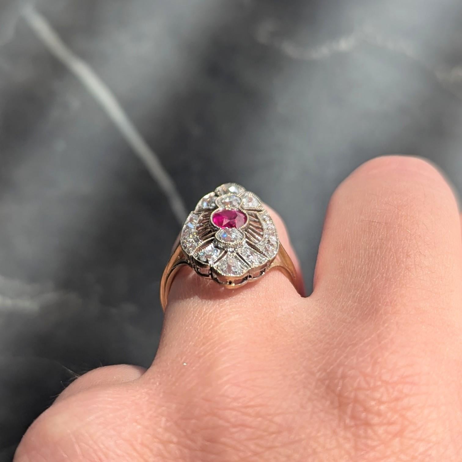 Edwardian 2.32 CTW Ruby Diamond 18K Two-Tone Gold Antique Navette Dinner Ring