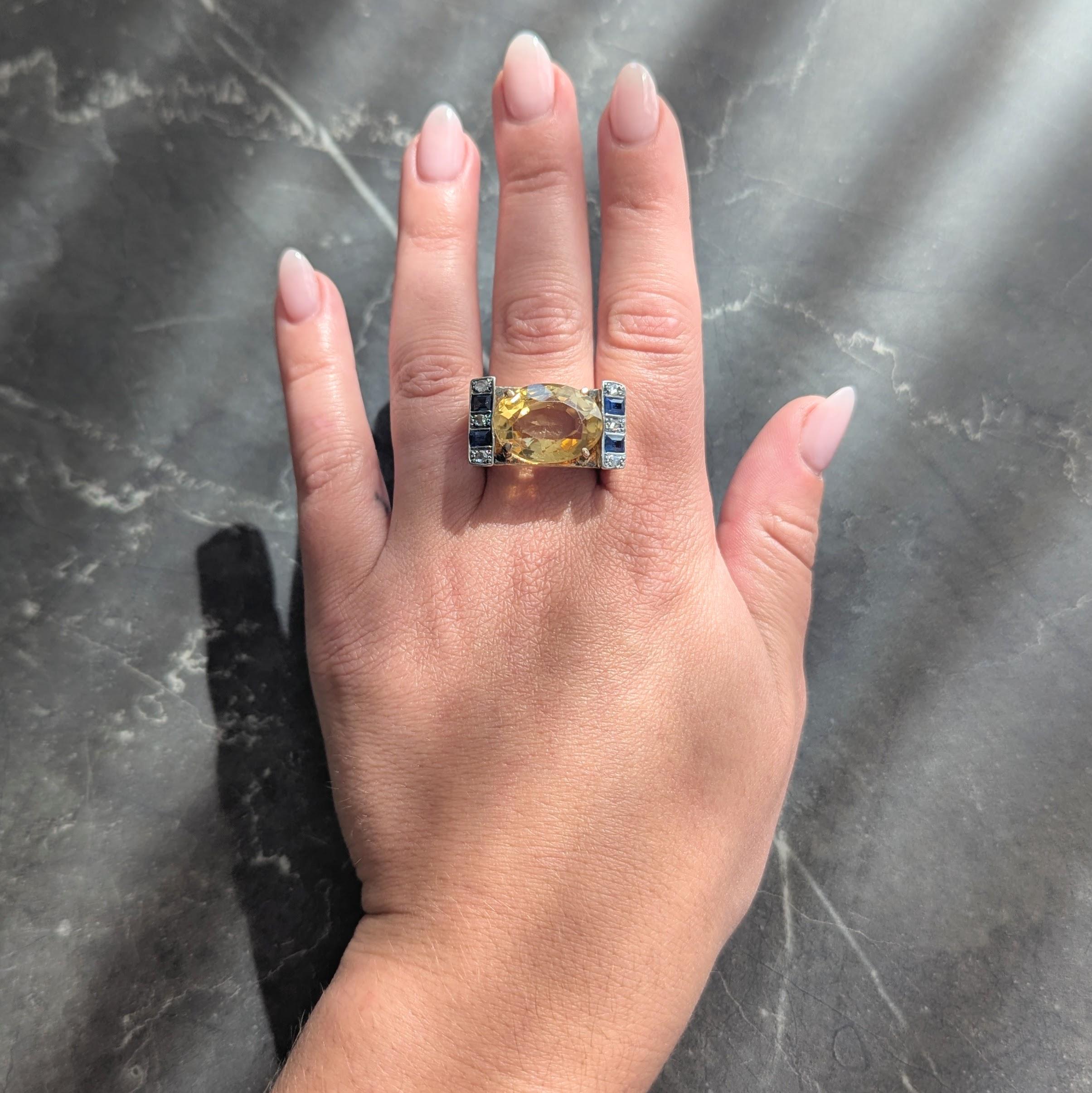 Retro Citrine Sapphire Diamond Silver 18 Karat Gold Vintage Cocktail Ring