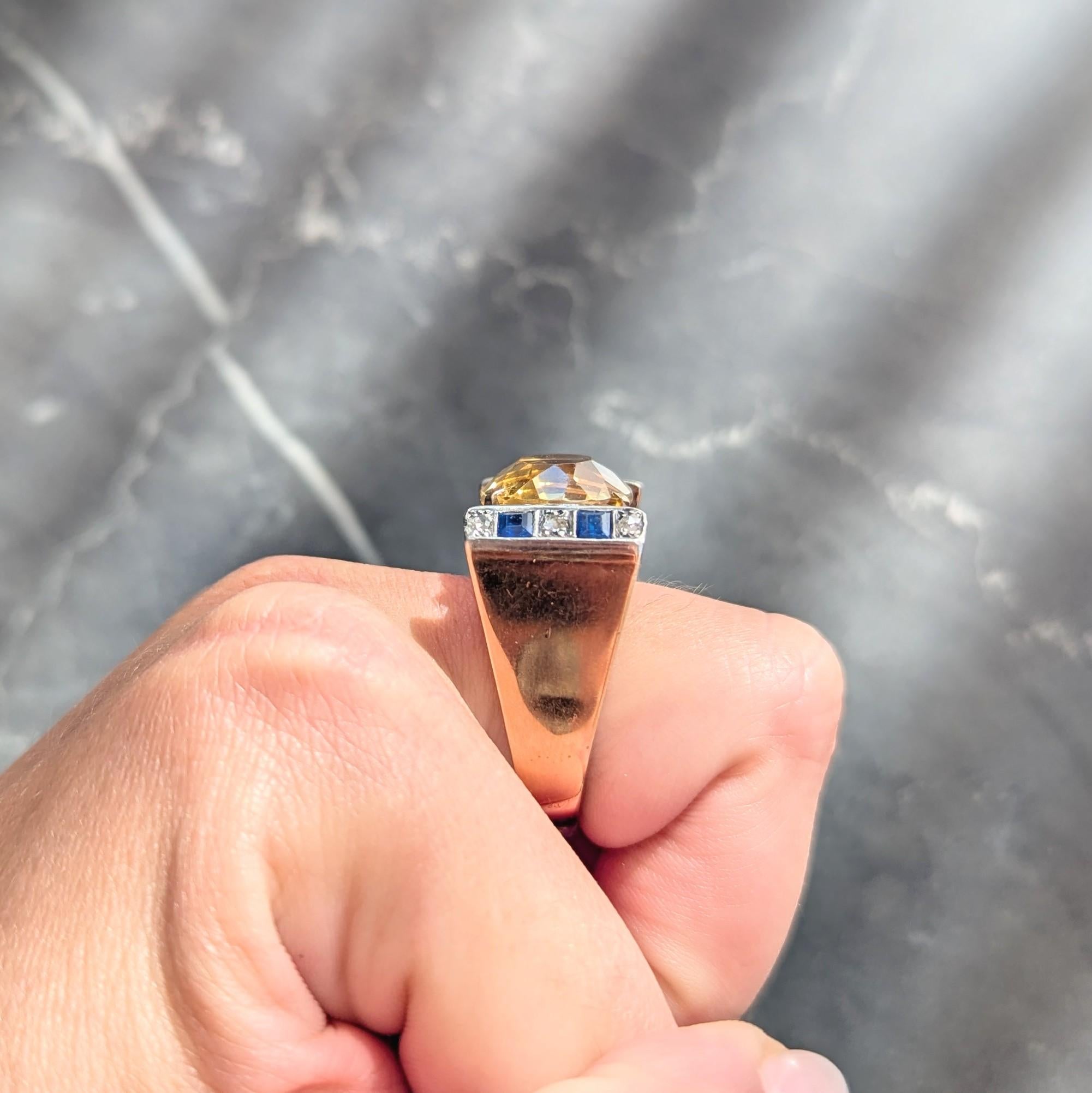 Retro Citrine Sapphire Diamond Silver 18 Karat Gold Vintage Cocktail Ring