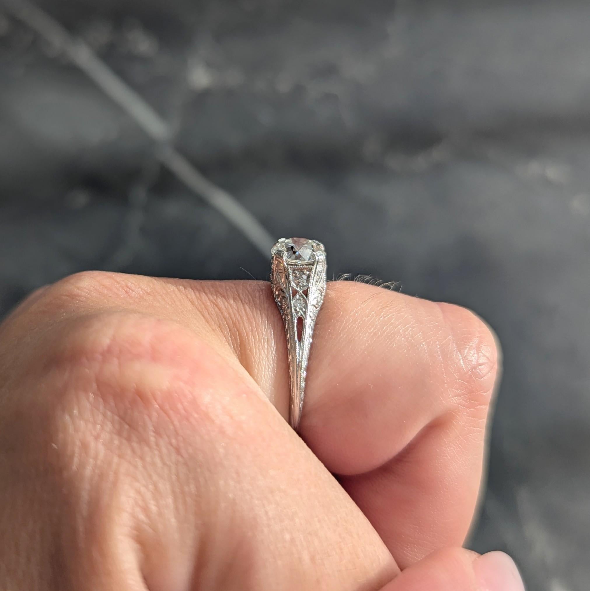 Art Deco 1.13 CTW Old European Diamond Platinum Scrolling Wheat Engagement Ring
