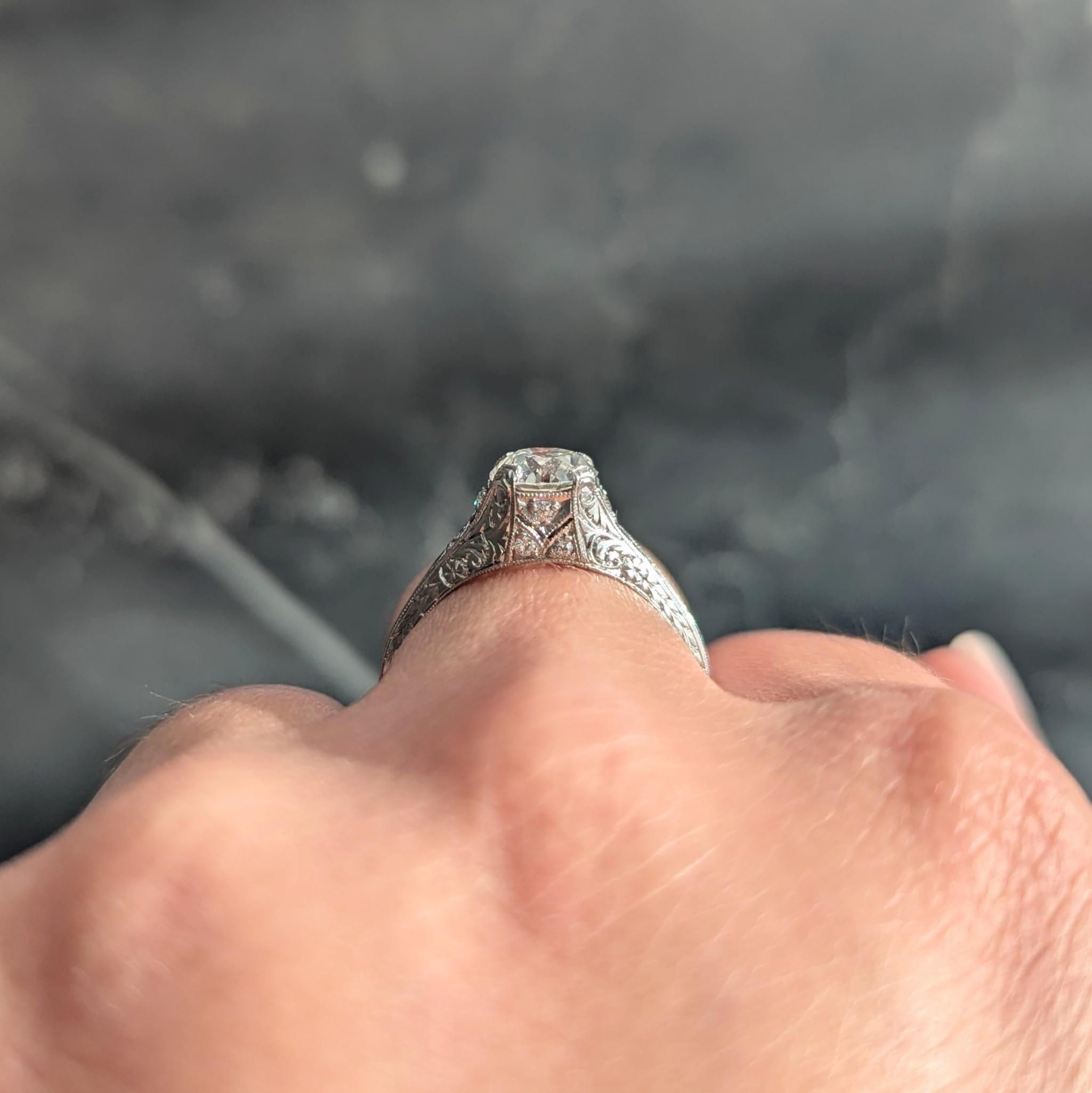 Art Deco 1.13 CTW Old European Diamond Platinum Scrolling Wheat Engagement Ring