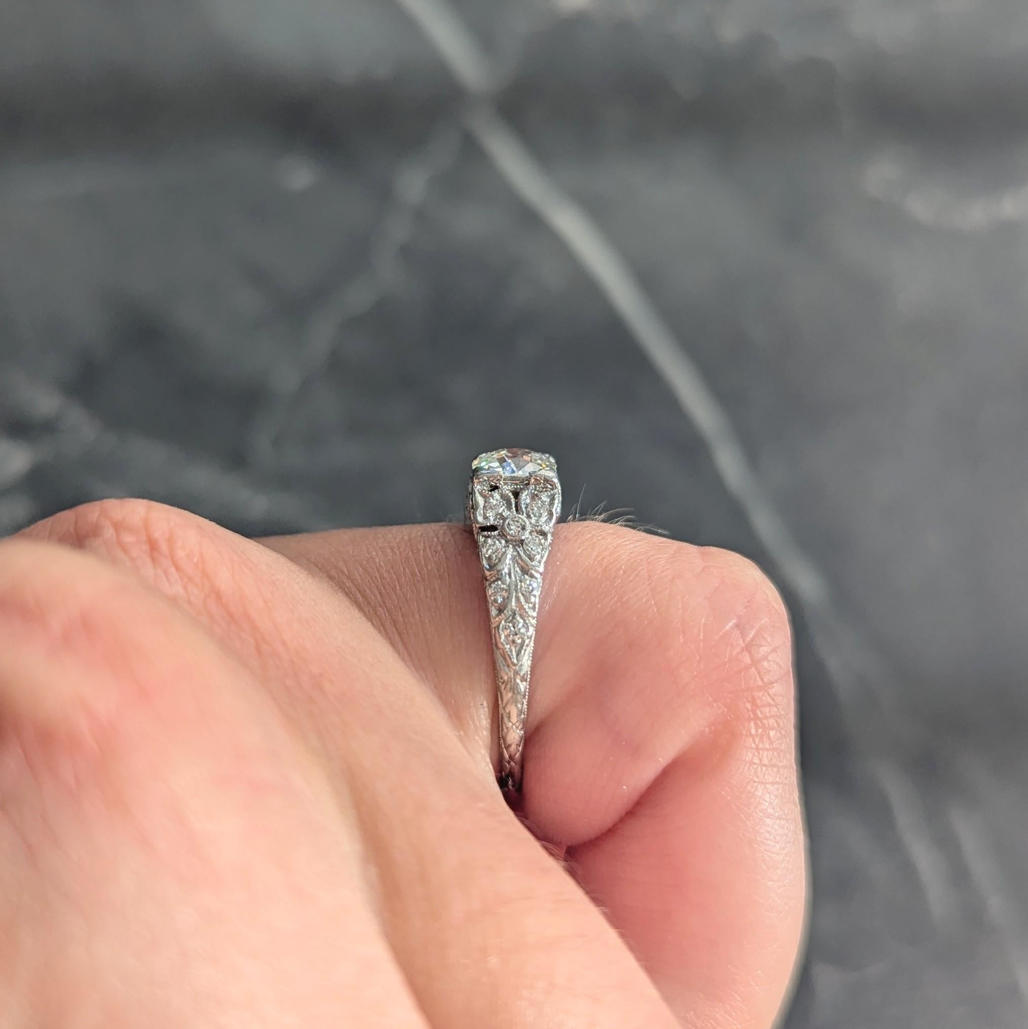 Art Deco 0.95 CTW Old European Diamond Platinum Antique Floral Engagement Ring
