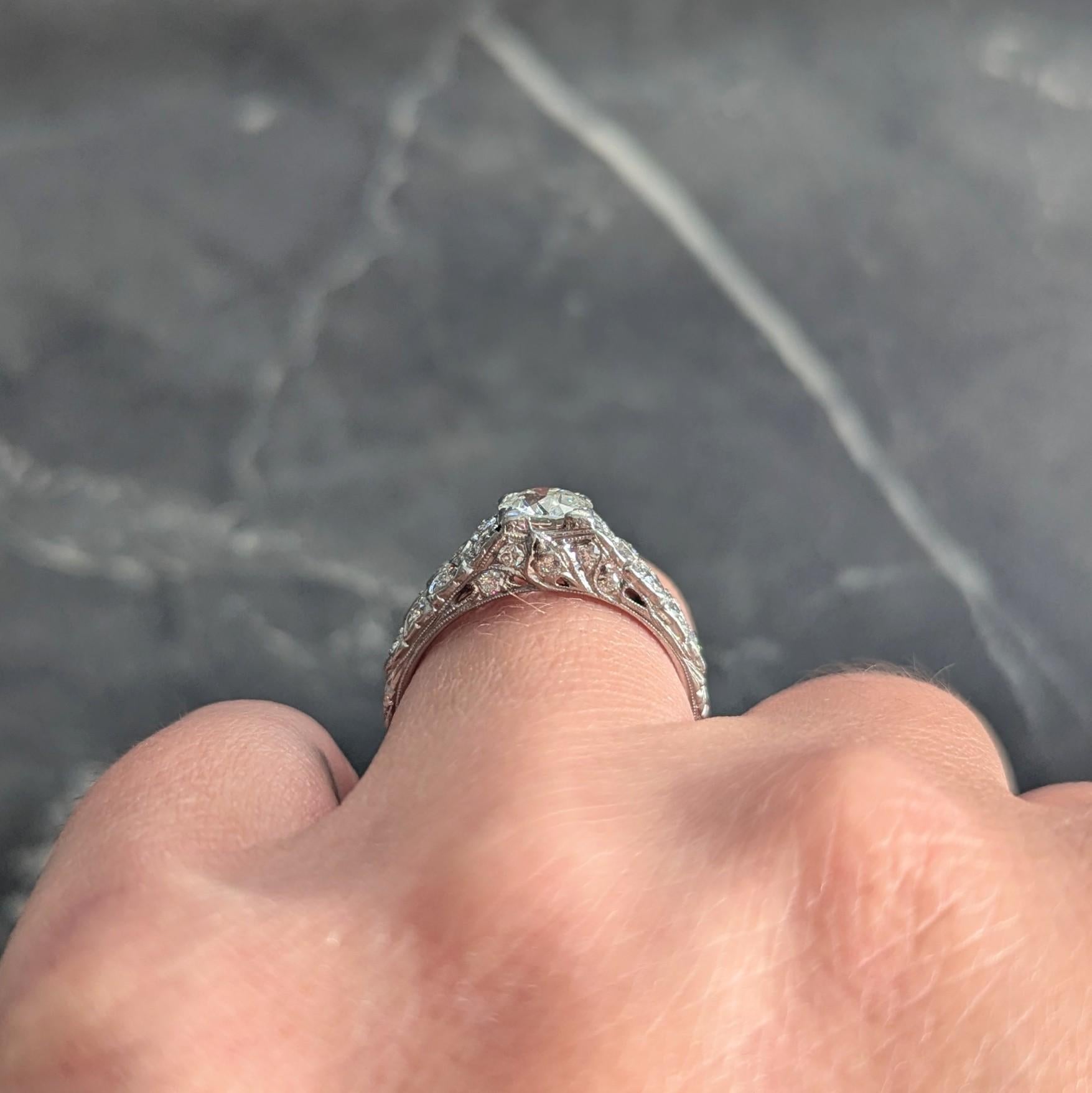 Art Deco 0.95 CTW Old European Diamond Platinum Antique Floral Engagement Ring