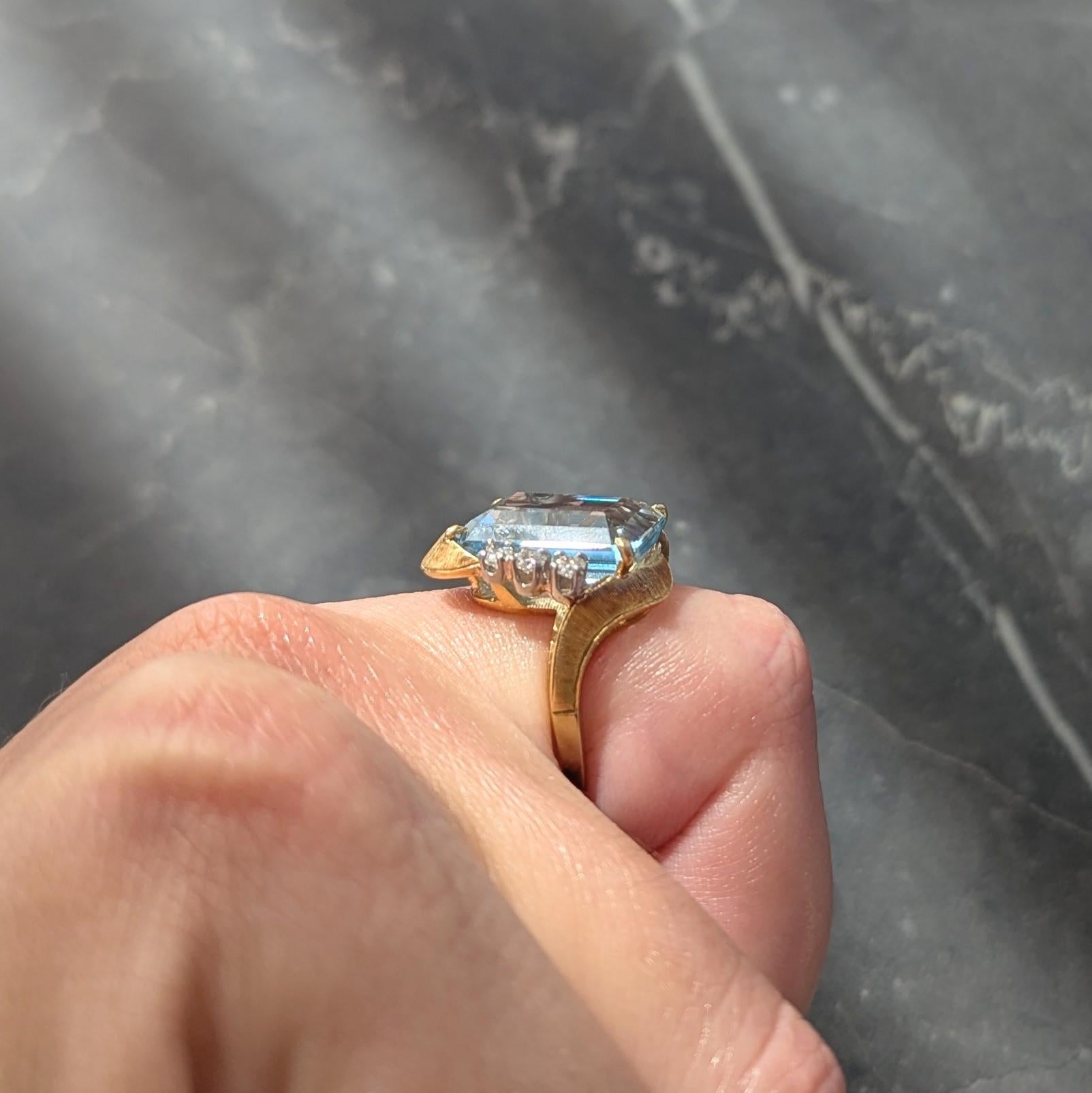 Mid-Century 7.40 CTW Aquamarine Diamond 18K Two-Tone Gold Vintage Cocktail Ring