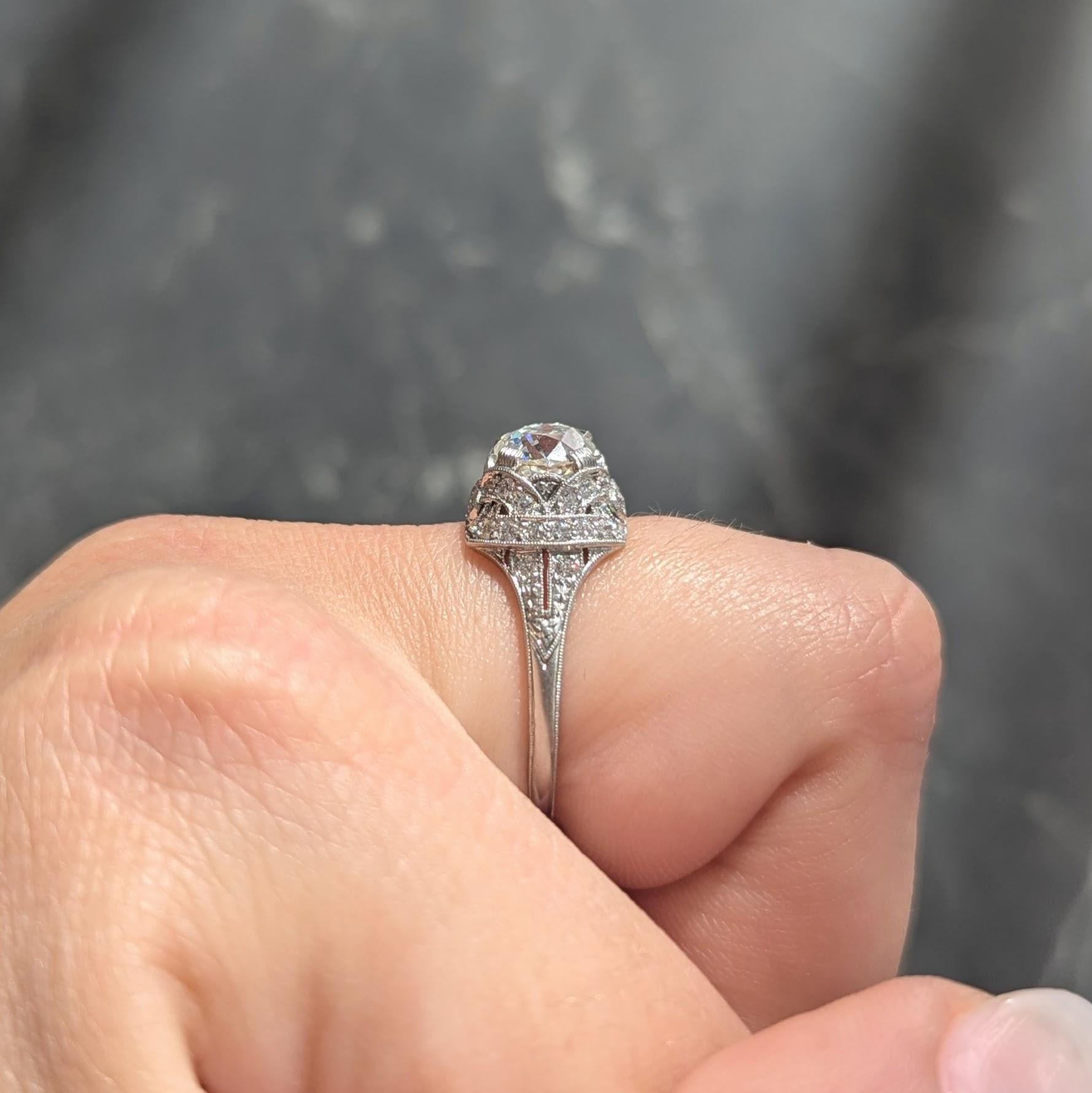 Art Deco 1.71 CTW Old Mine Cut Diamond Platinum Ribbon Vintage Engagement Ring