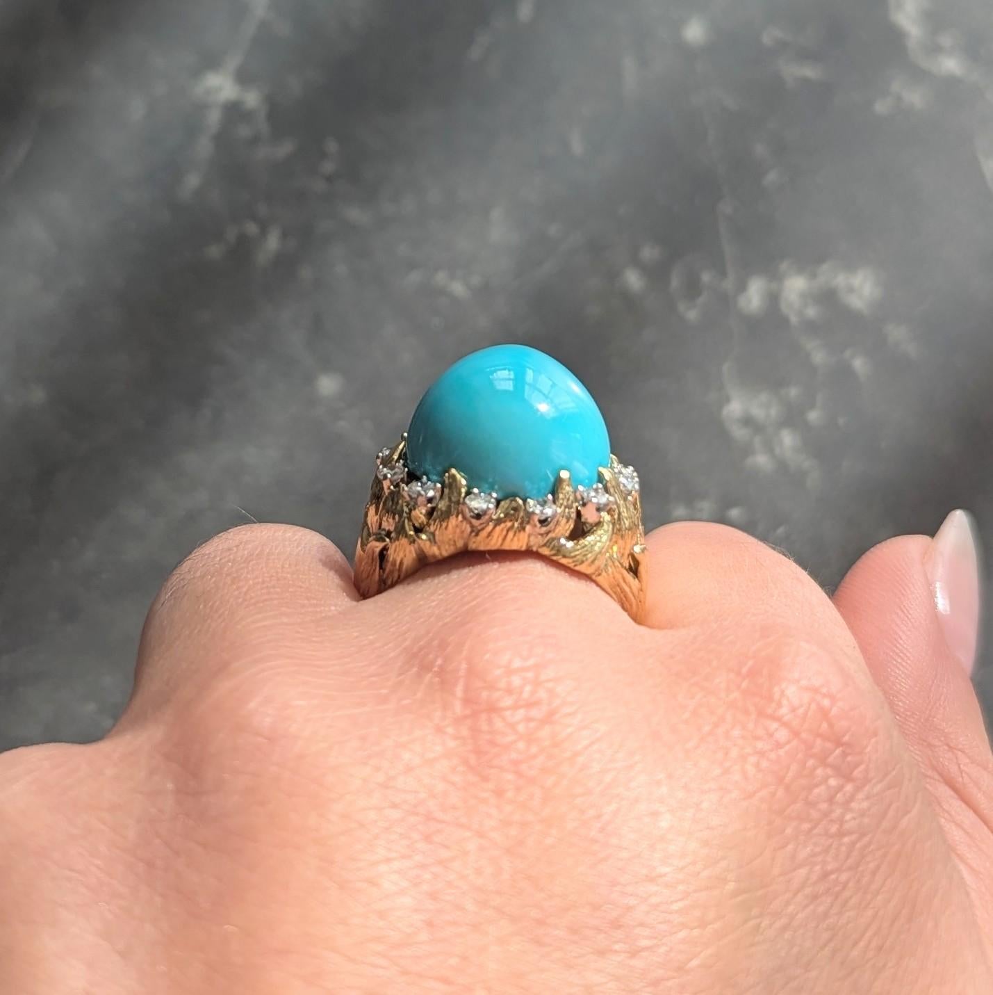 David Webb 1970's Turquoise Diamond 18K Gold Platinum Vintage Foliate Ring