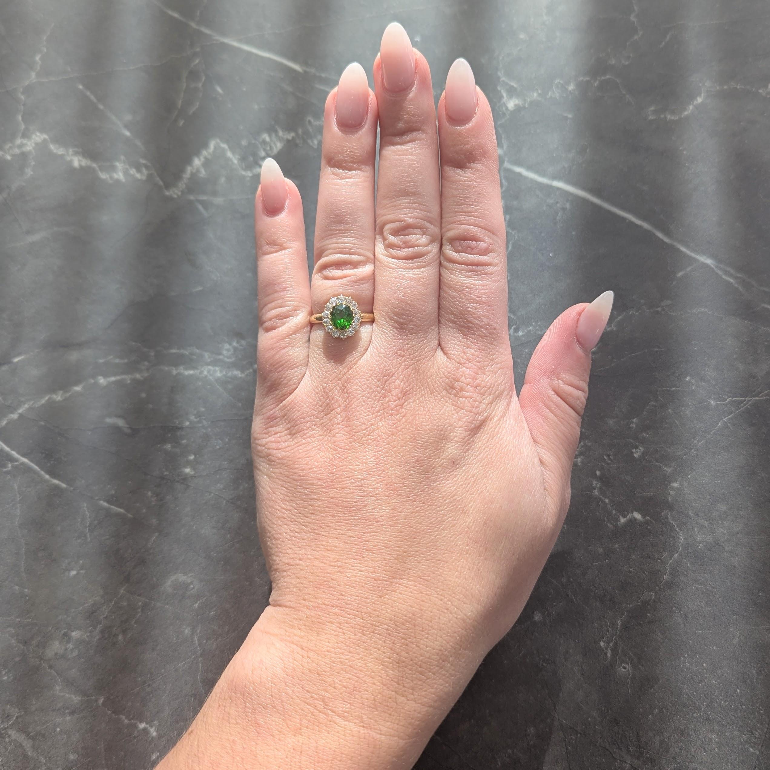 Victorian Green Demantoid Garnet Diamond 18 Karat Yellow Gold Antique Halo Ring