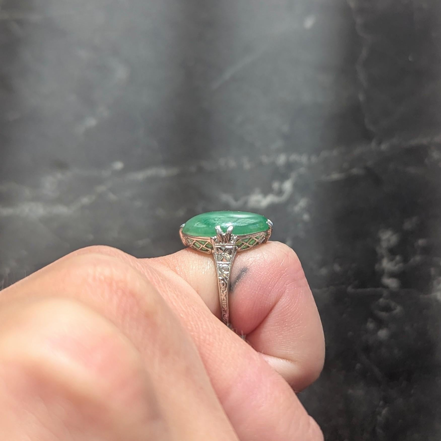 Art Deco Jade Cabochon Platinum Vintage Orange Blossom Gemstone Ring