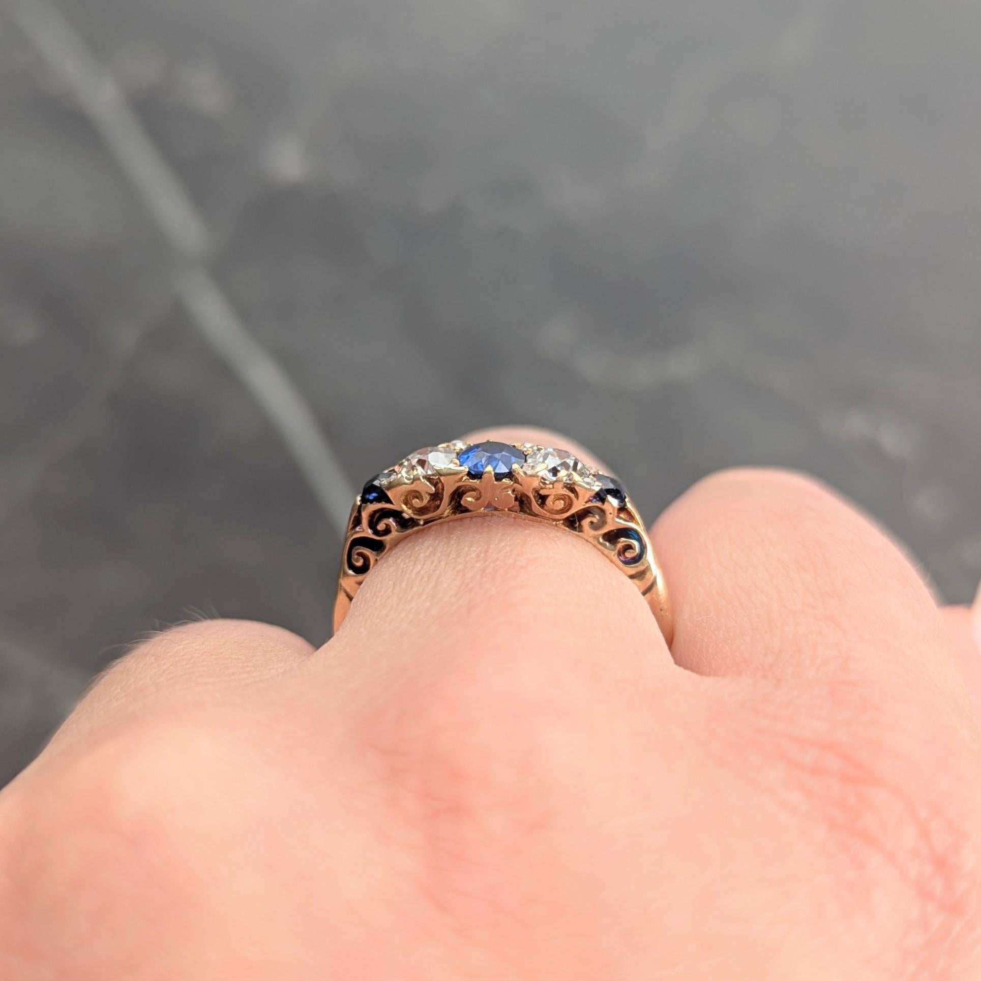 Victorian 1.40 CTW Sapphire Diamond 18K Yellow Gold Antique Scroll Band Ring